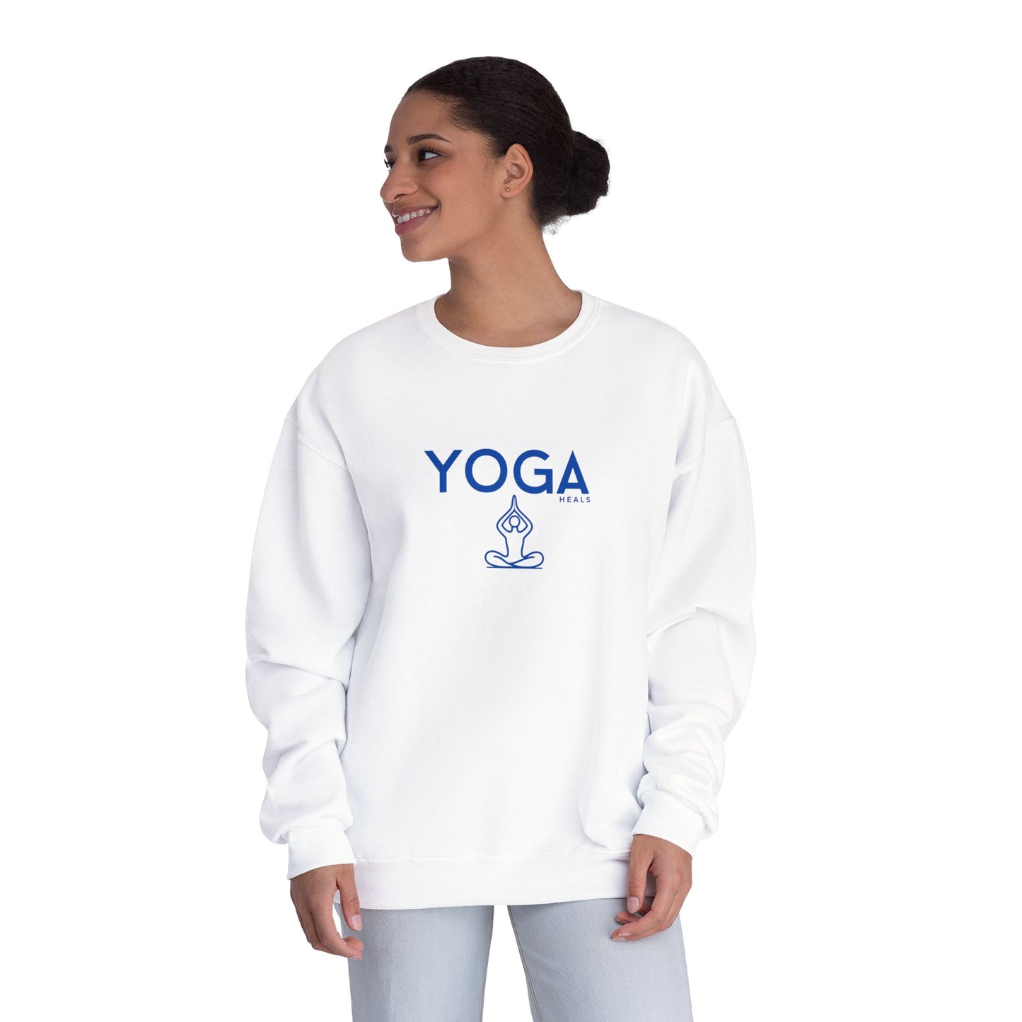 Woman wearing a white sweatshirt with 'YOGA' text and logo on a white background