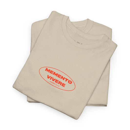 Beige t-shirt with red 'Memento Vivere' text on a white background