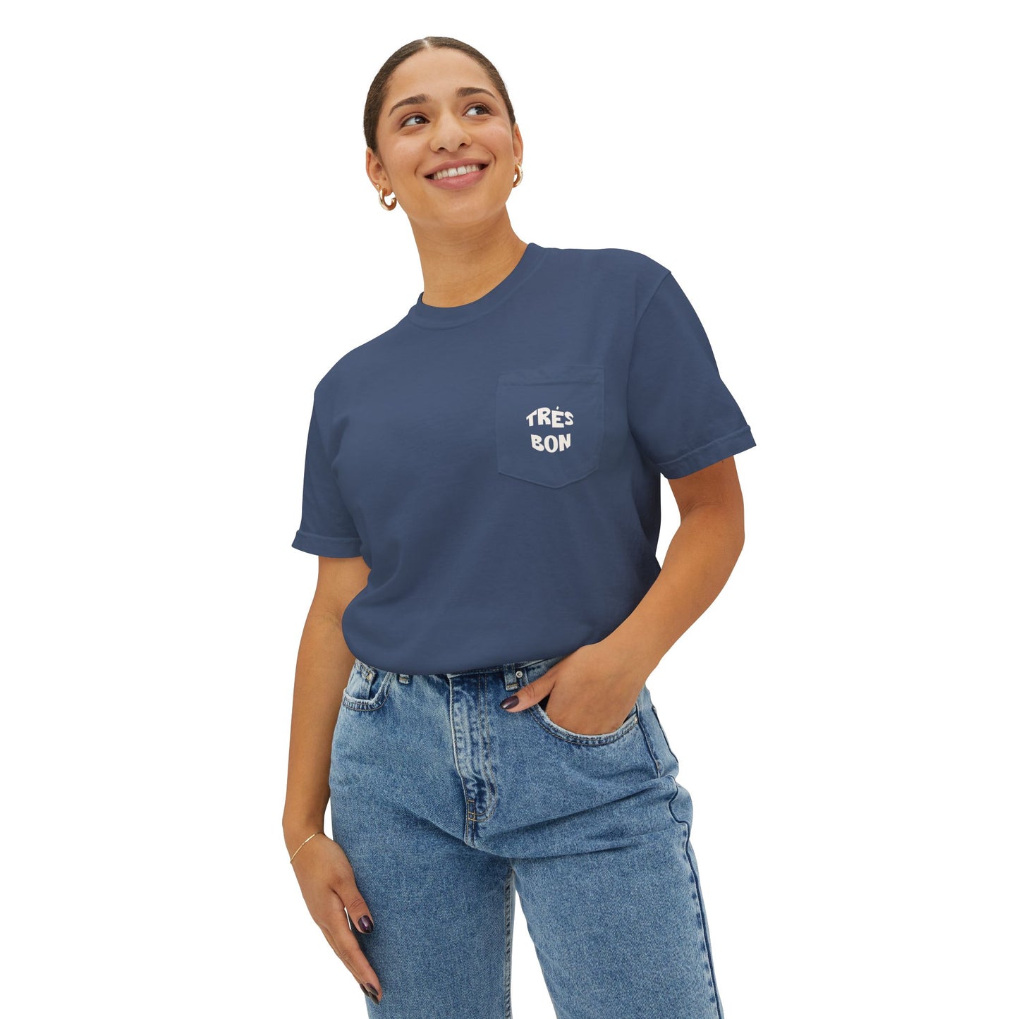 Person wearing a blue Tres Bon t-shirt and jeans on a white background