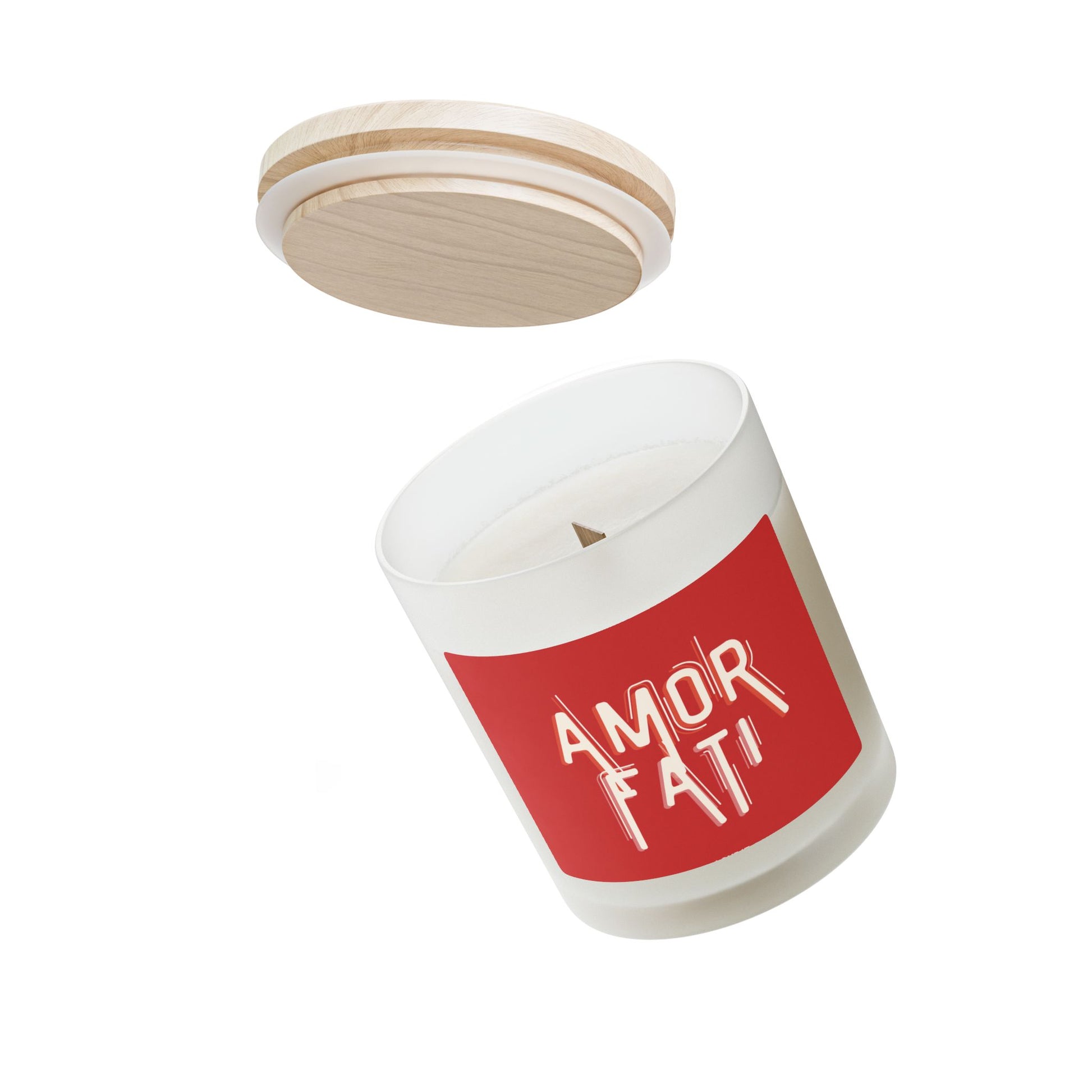Candle with 'AMOR FATI' text on a white background
