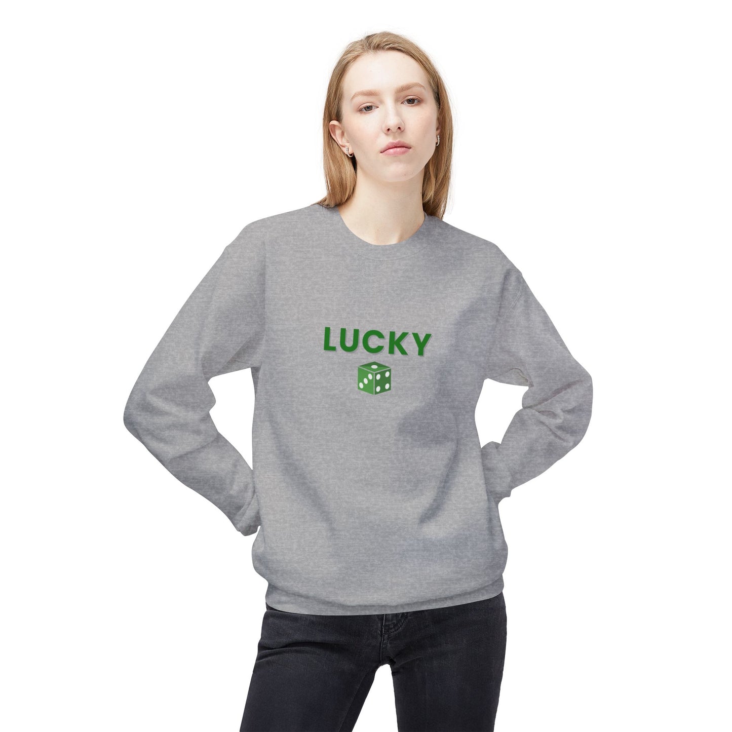 Person wearing a gray sweatshirt with 'LUCKY' and a dice graphic on a white background