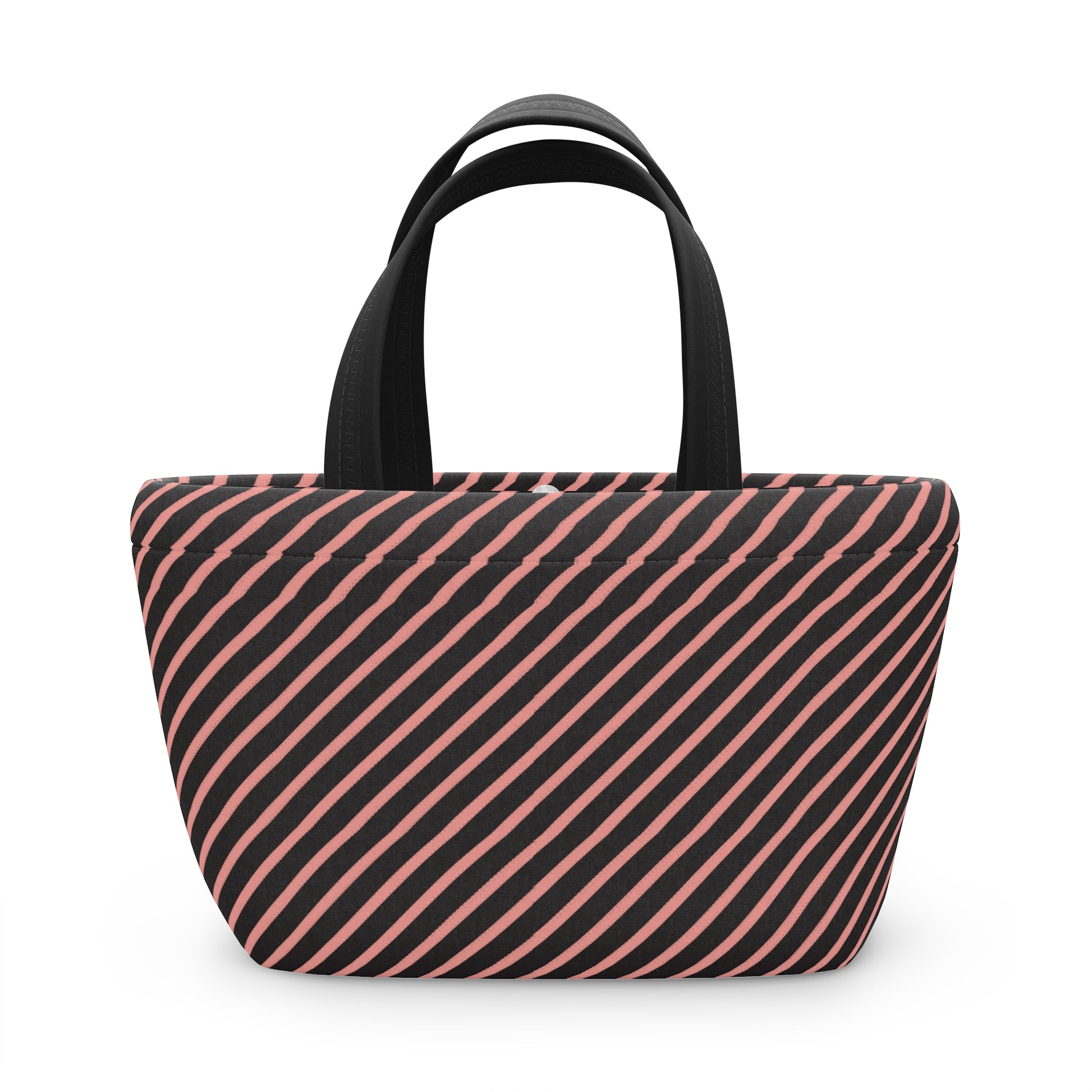 Tote bag with black and pink diagonal stripes on a white background