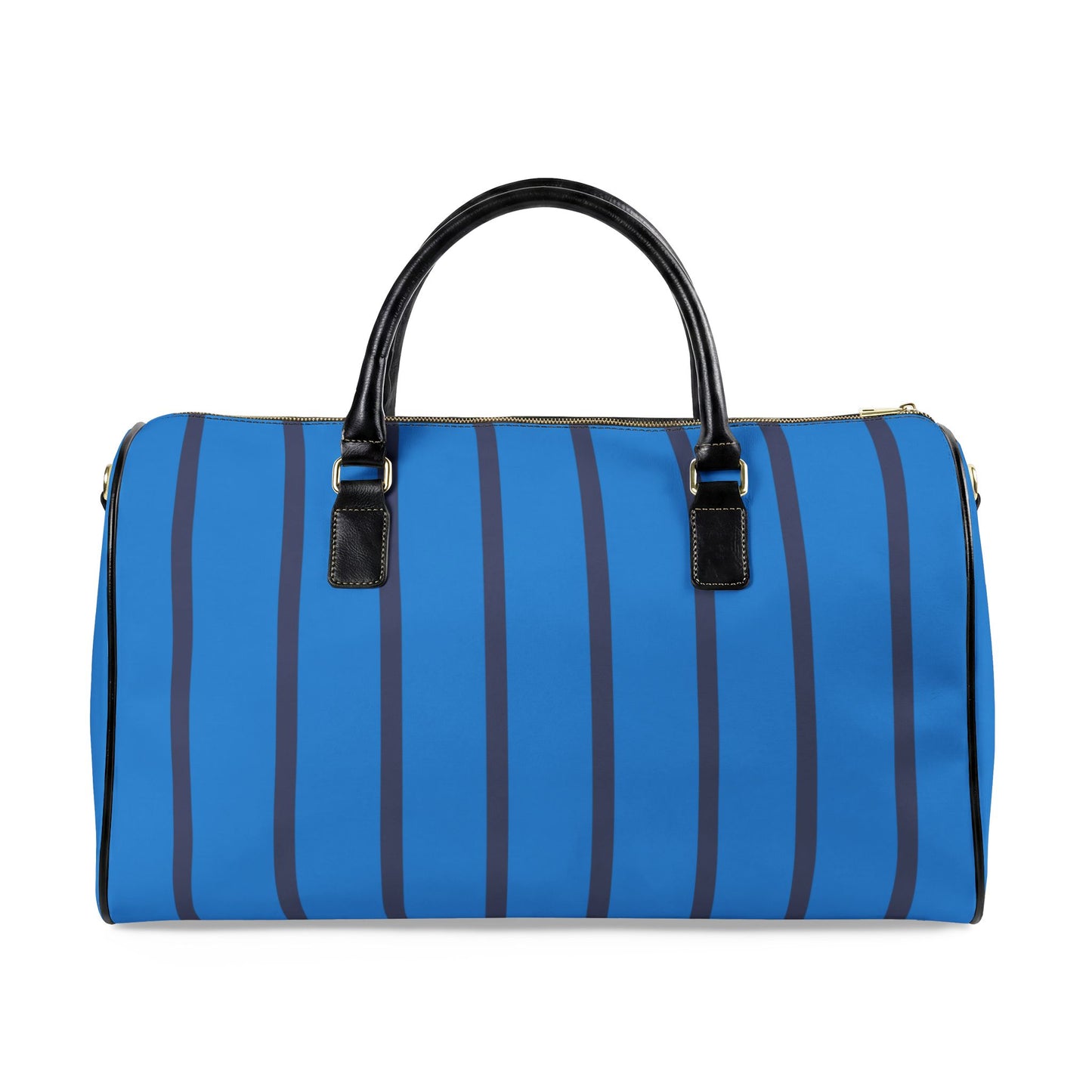 Blue and black striped duffel bag on a white background