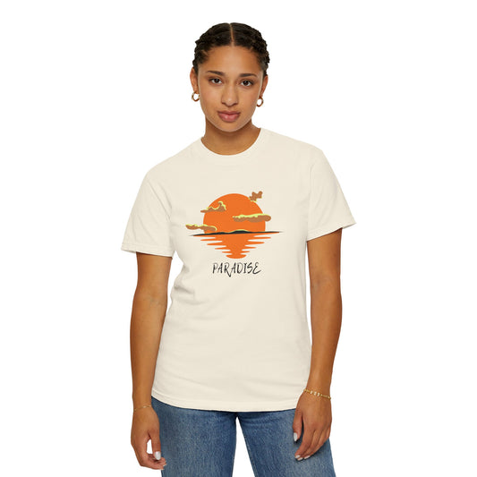 Person wearing a white t-shirt with a graphic design and text on a white background