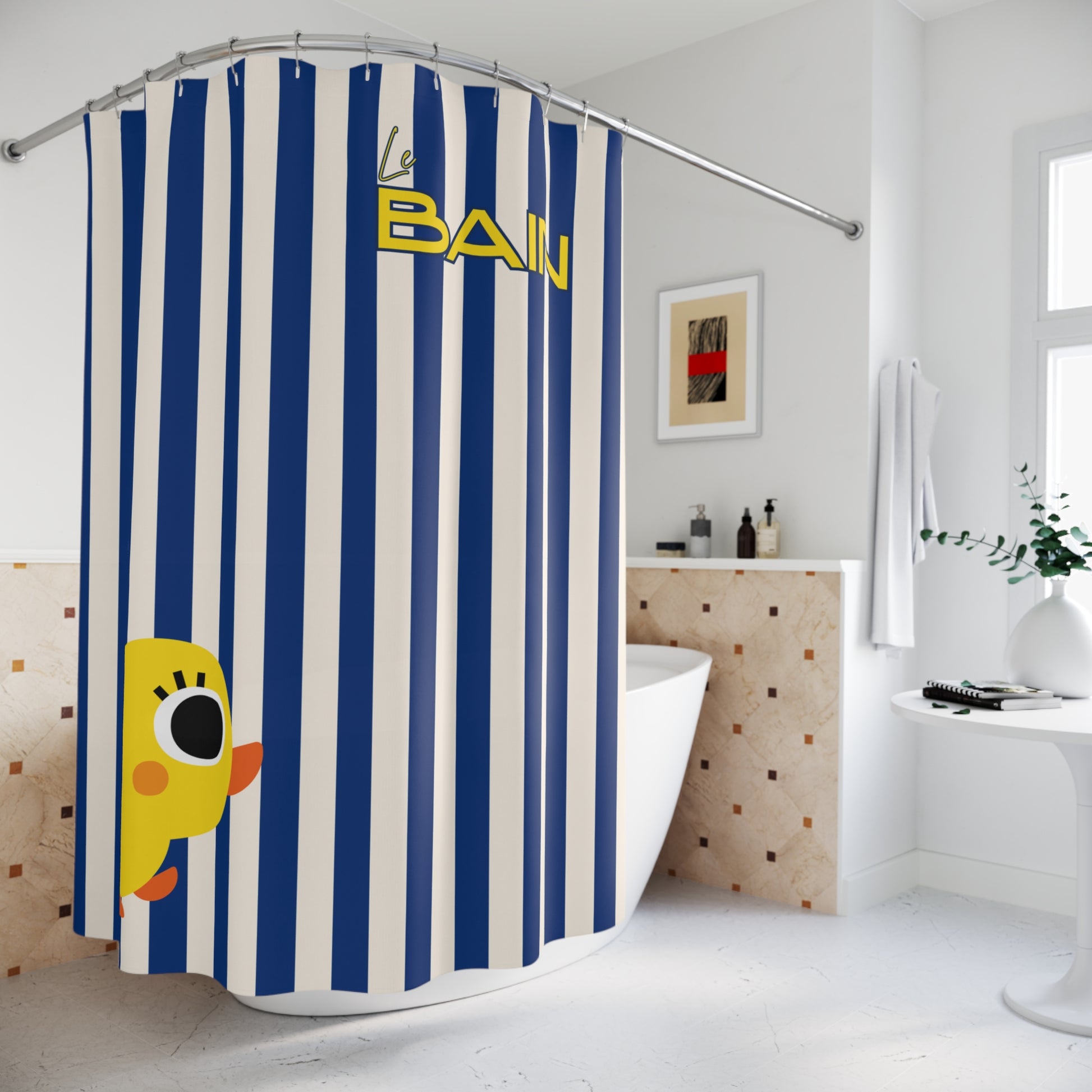 Shower curtain with blue and white stripes and a yellow fish design in a bathroom.