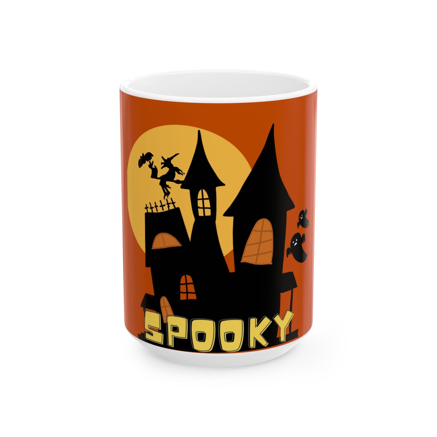 A white ceramic mug featuring a Halloween graphic design with a black haunted house silhouette, a yellow full moon, a flying bat, a ghost, and the word 'SPOOKY' in yellow text, set against a solid orange background.