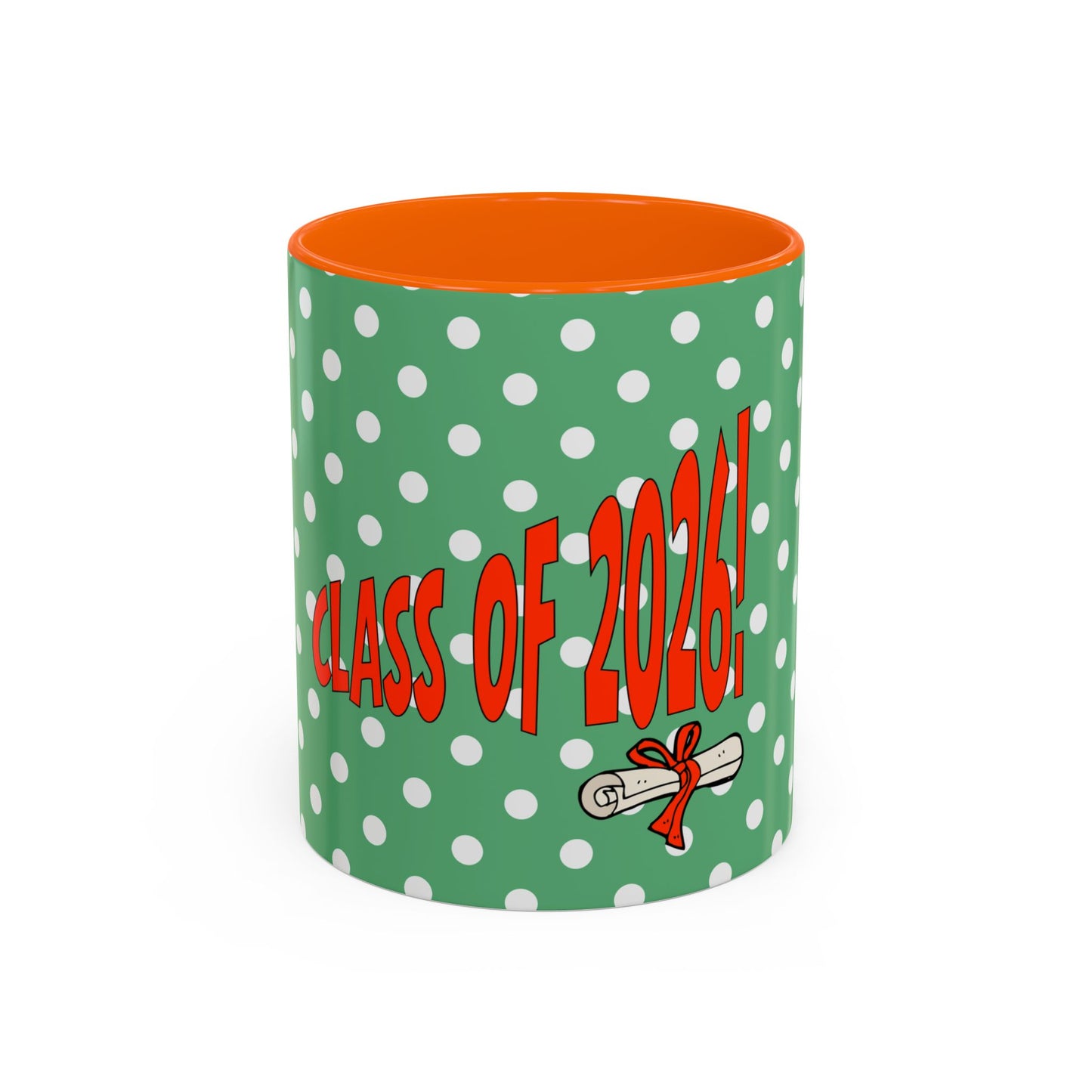 Green mug with white polka dots and red 'Class of 2026!' text on a white background
