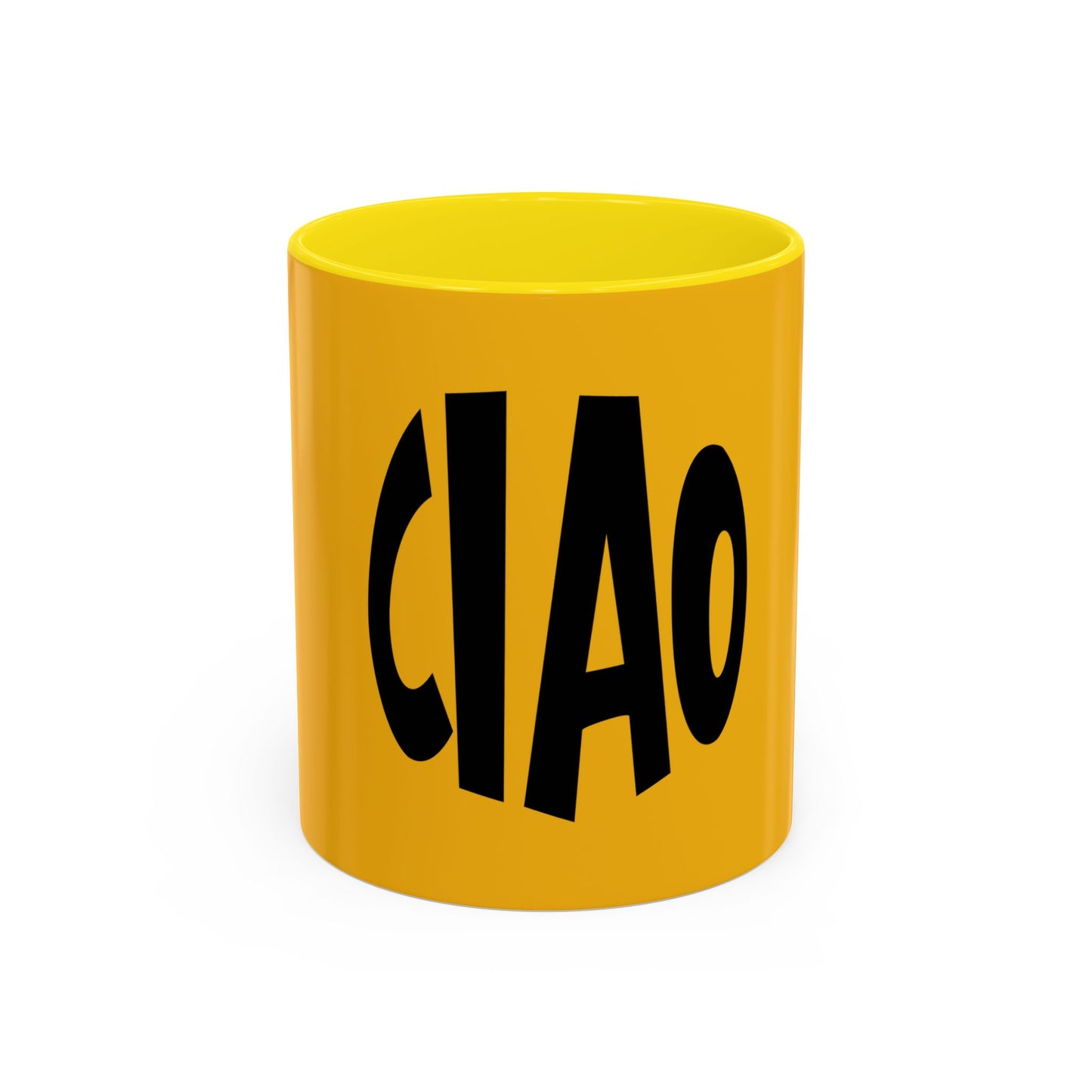 Yellow mug with 'CIAO' printed on it against a white background