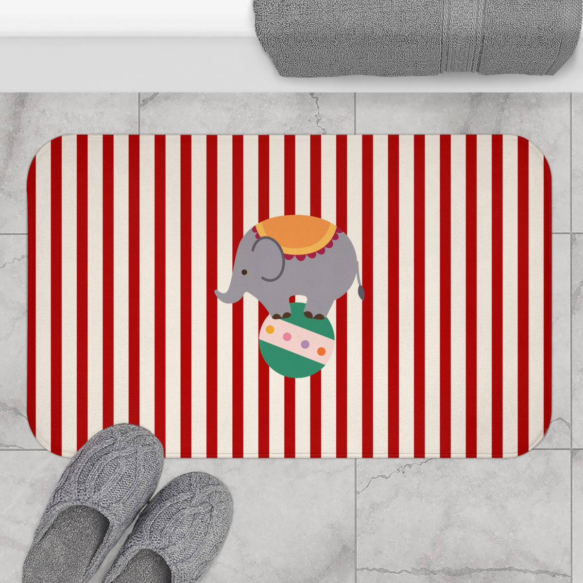 Circus Elephant Bath Mat with Red Striped Nursery Design