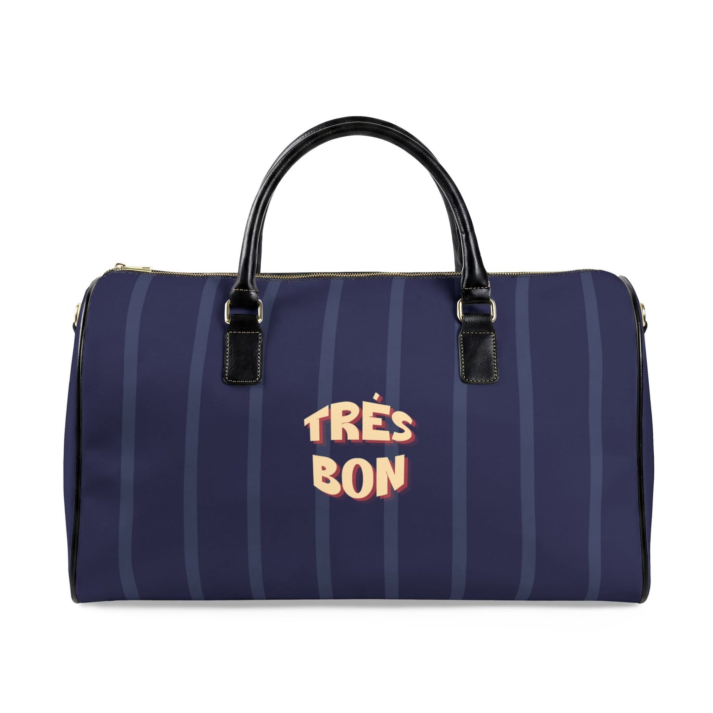 Navy blue duffel bag with 'Trés Bon' text on a white background