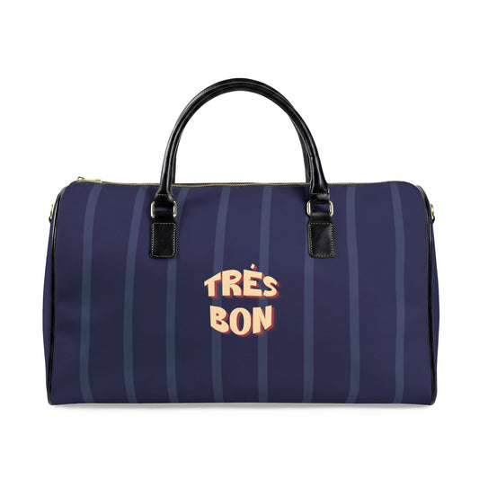 Navy blue duffel bag with 'Trés Bon' text on a white background