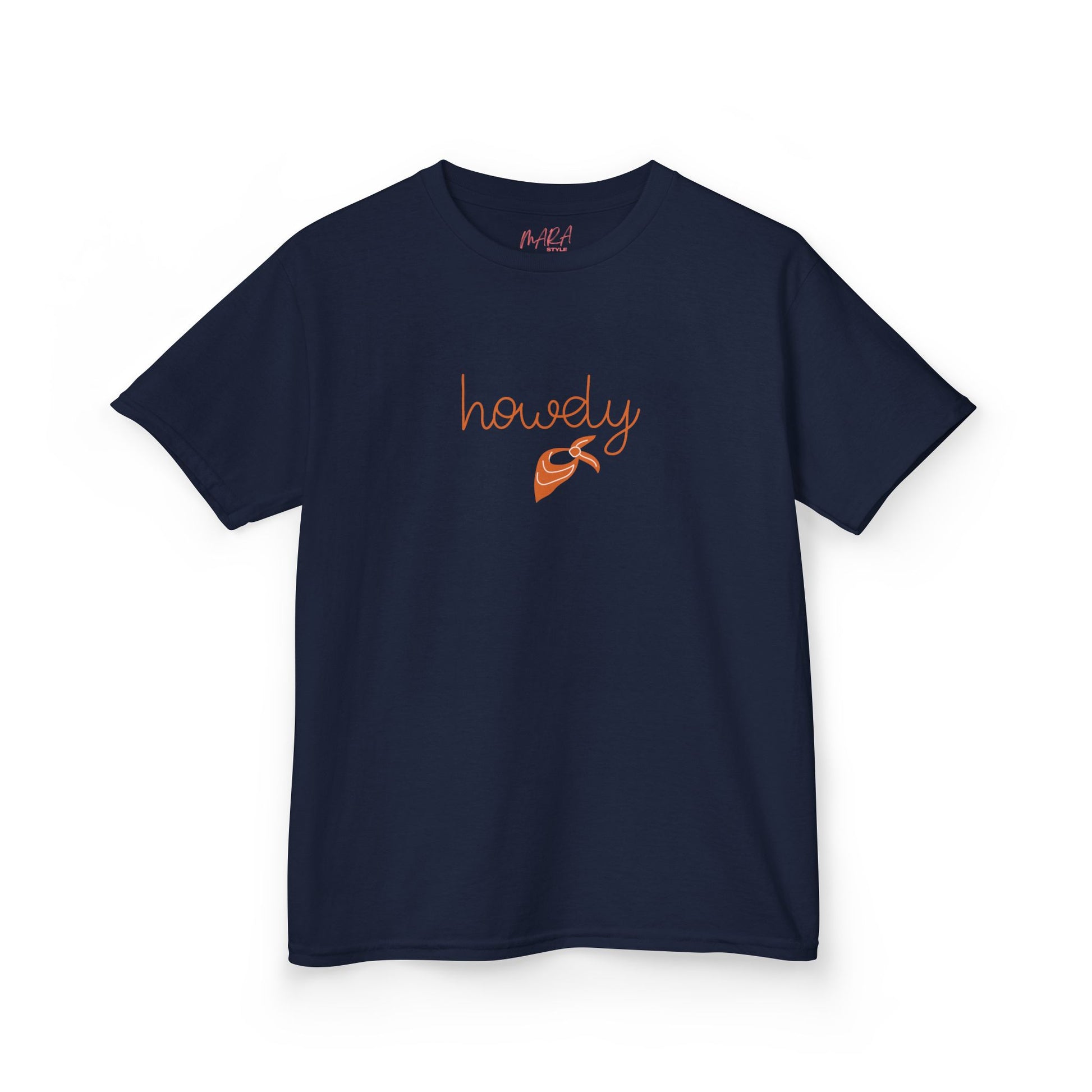 Navy blue t-shirt with 'howdy' and bow graphic on a white background