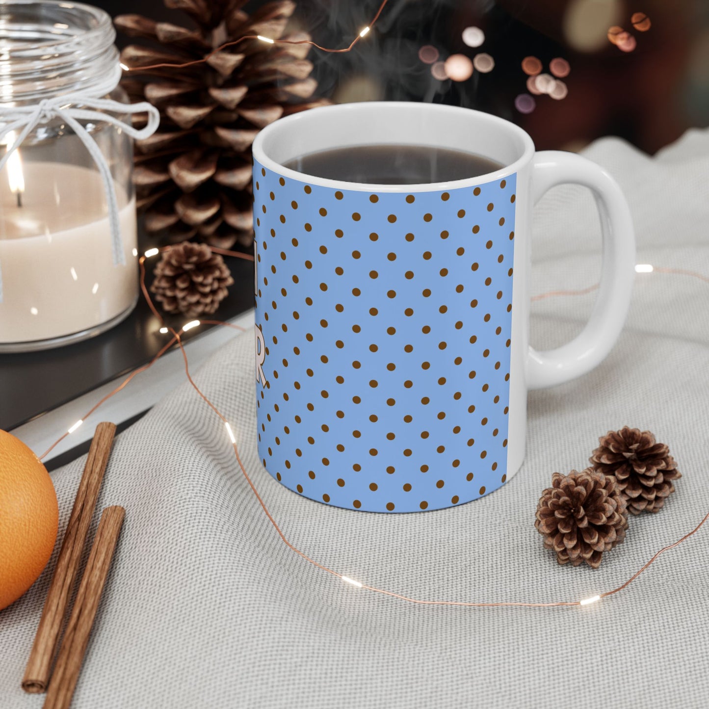 Bonjour Polka Dot Mug — Ice Blue Retro Ceramic Coffee Cup (11oz & 15oz)