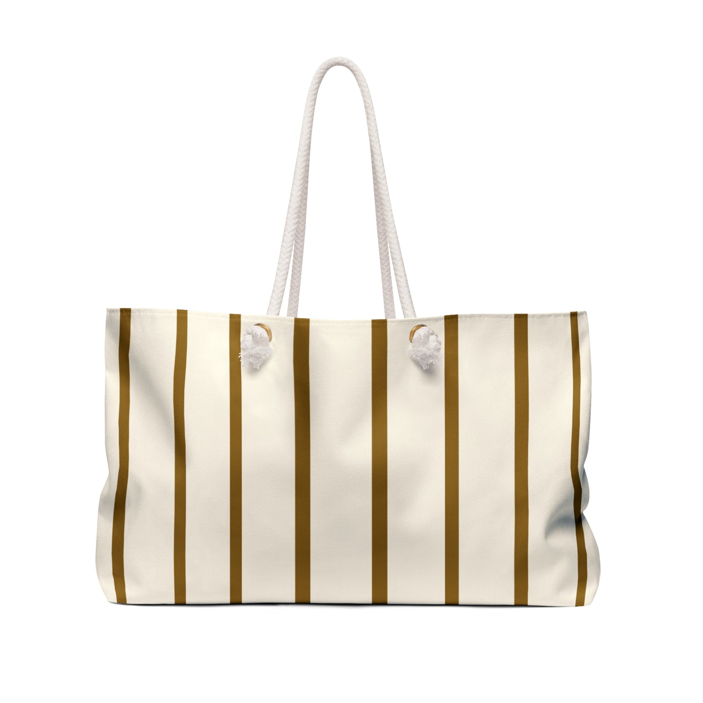 Striped tote bag with gold and white stripes on a white background