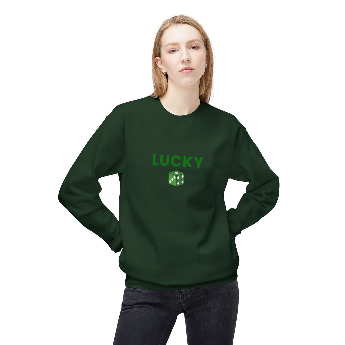 Person wearing a green sweatshirt with 'LUCKY' and a dice design on a white background