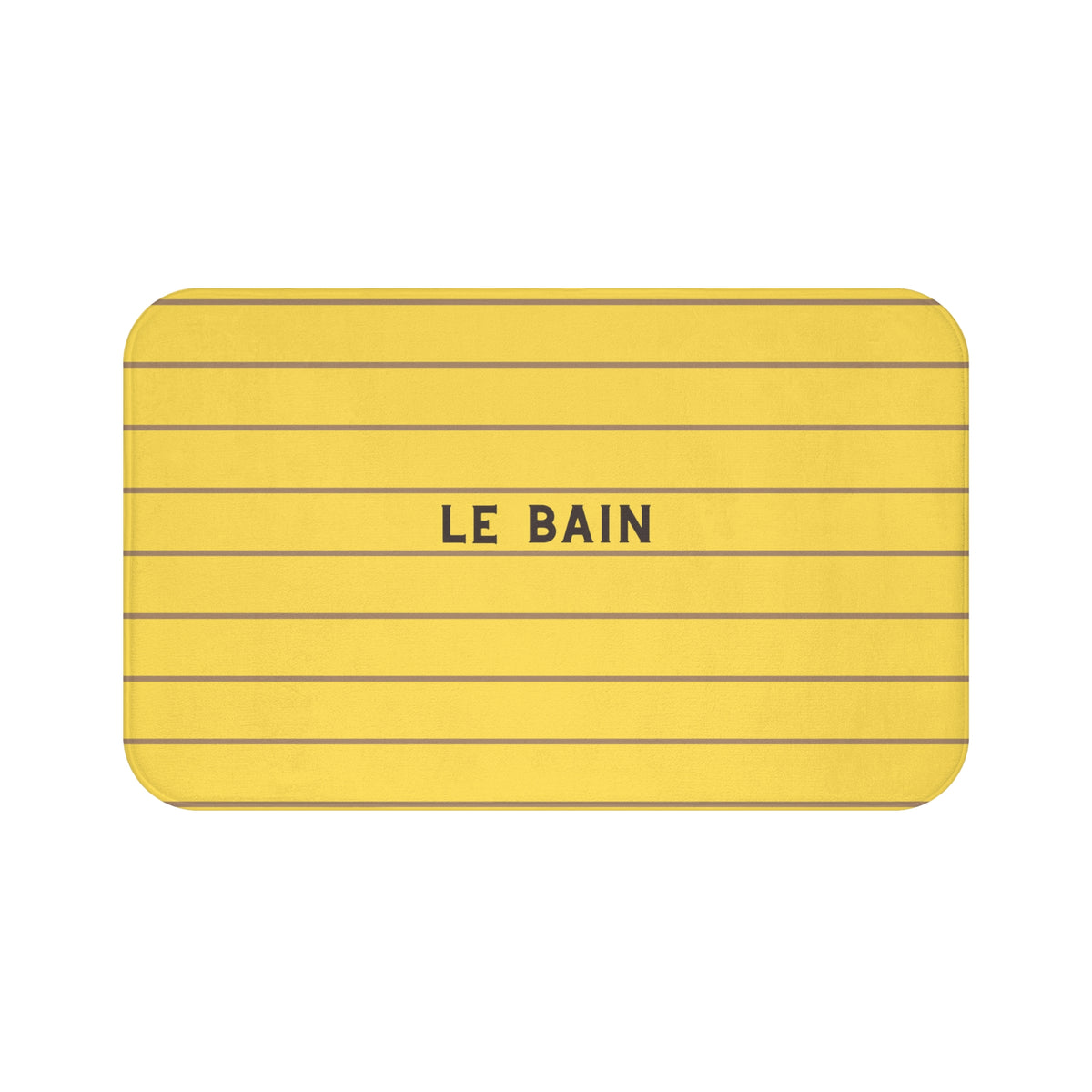 A rectangular yellow bath mat with rounded corners, featuring horizontal stitched lines and the words 'LE BAIN' printed in black at the center, shown on a plain white background.