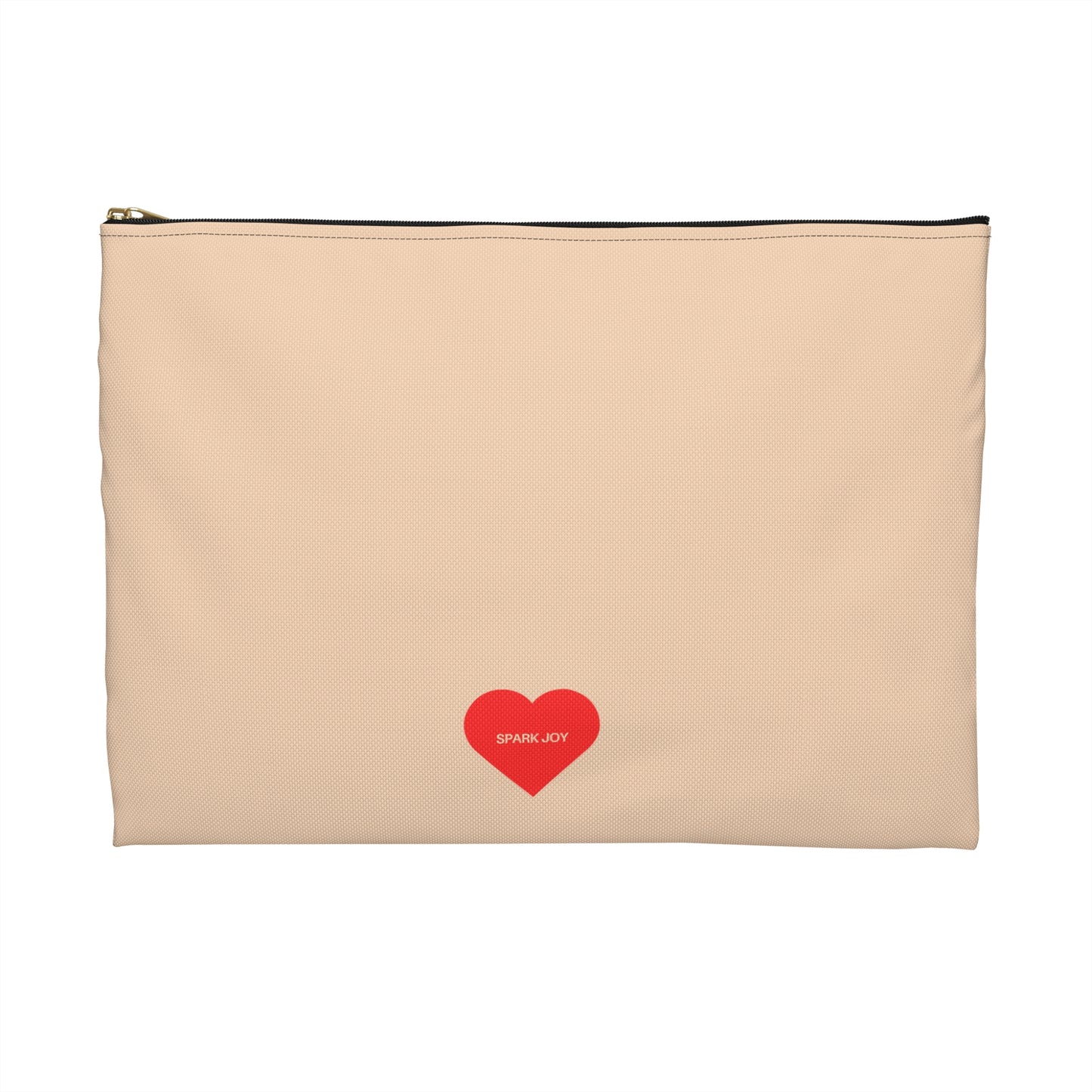 Beige pouch with a red heart and 'Spark Joy' text on a white background