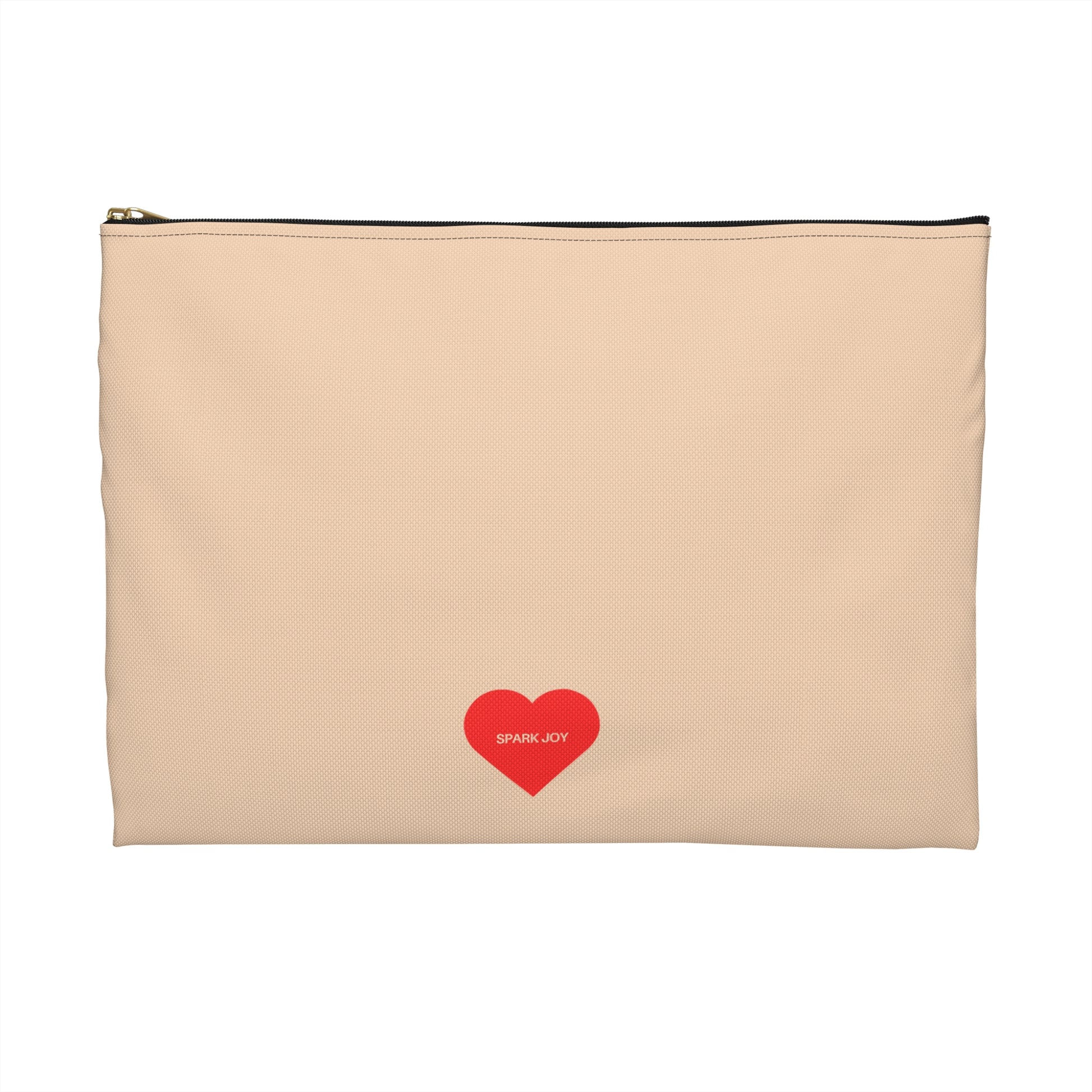 Beige pouch with a red heart and 'Spark Joy' text on a white background