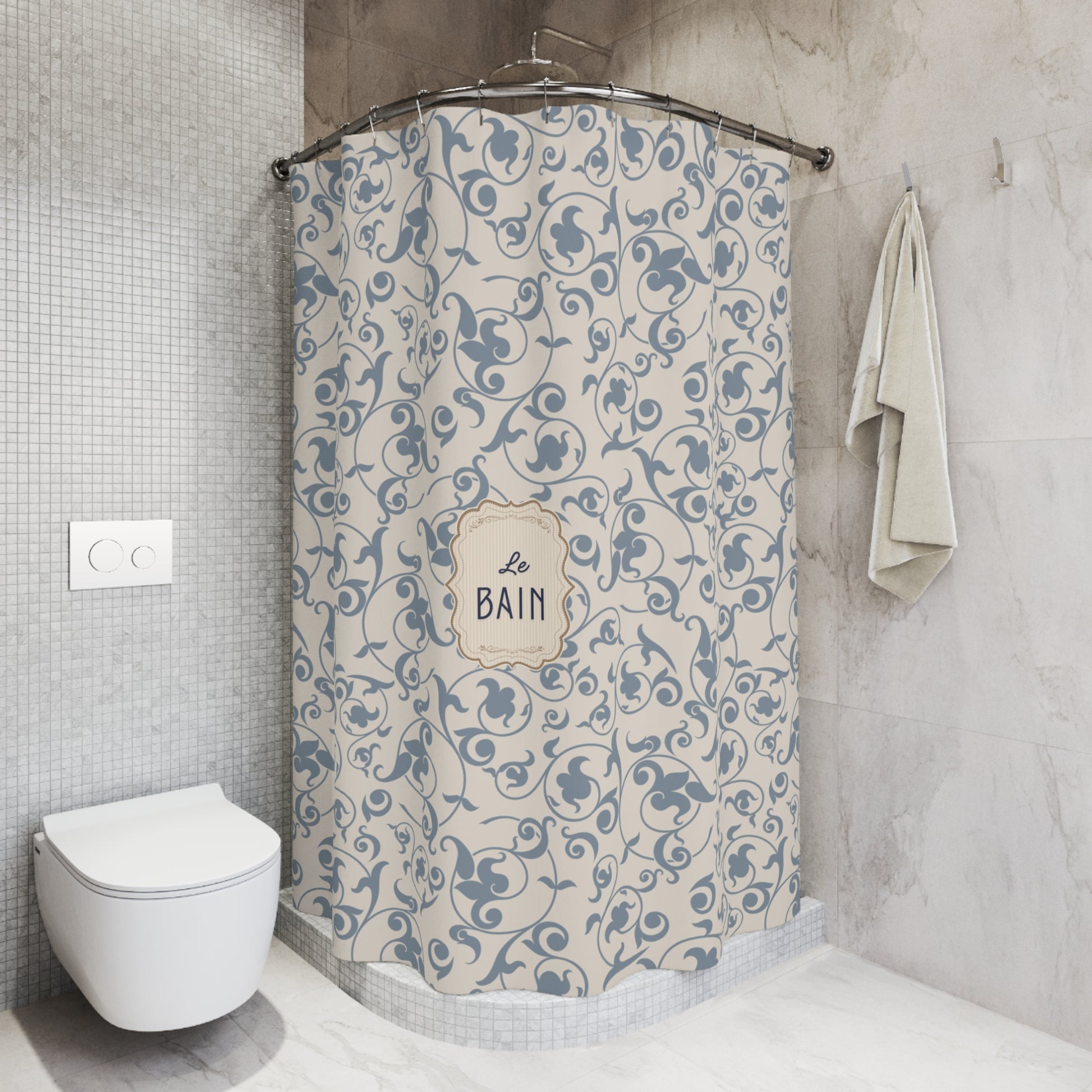 Shower curtain with floral pattern and 'Le Bain' text in a bathroom setting.