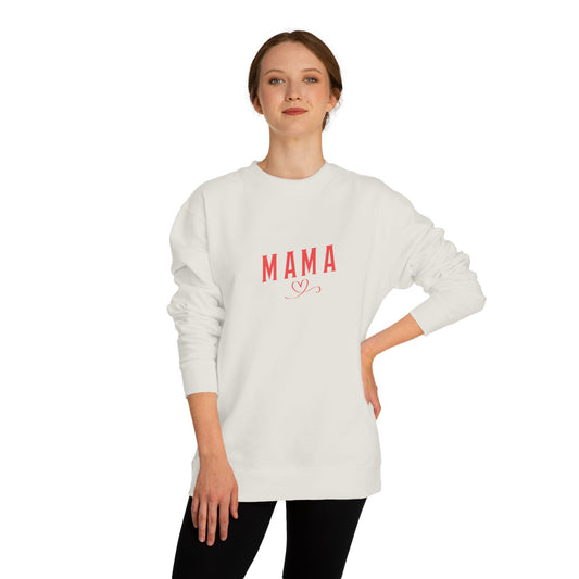 Woman wearing a white sweatshirt with 'MAMA' printed in red on a white background