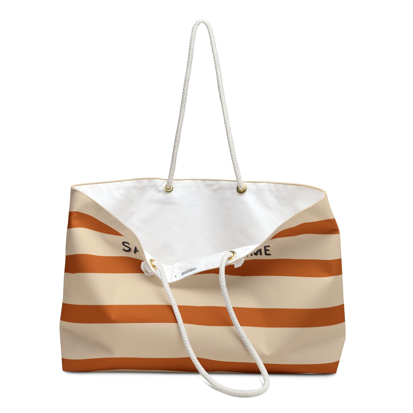 Striped tote bag with white top and brown stripes on a white background