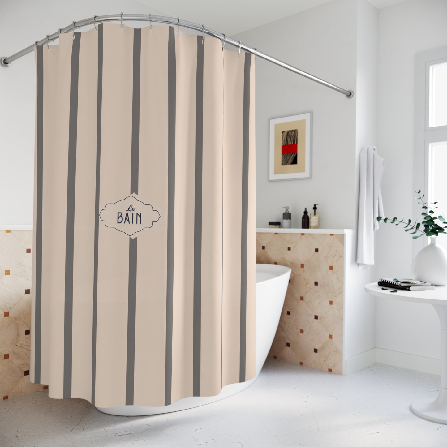 Shower Curtain — Grey Striped French 'Le Bain' Bathroom Decor