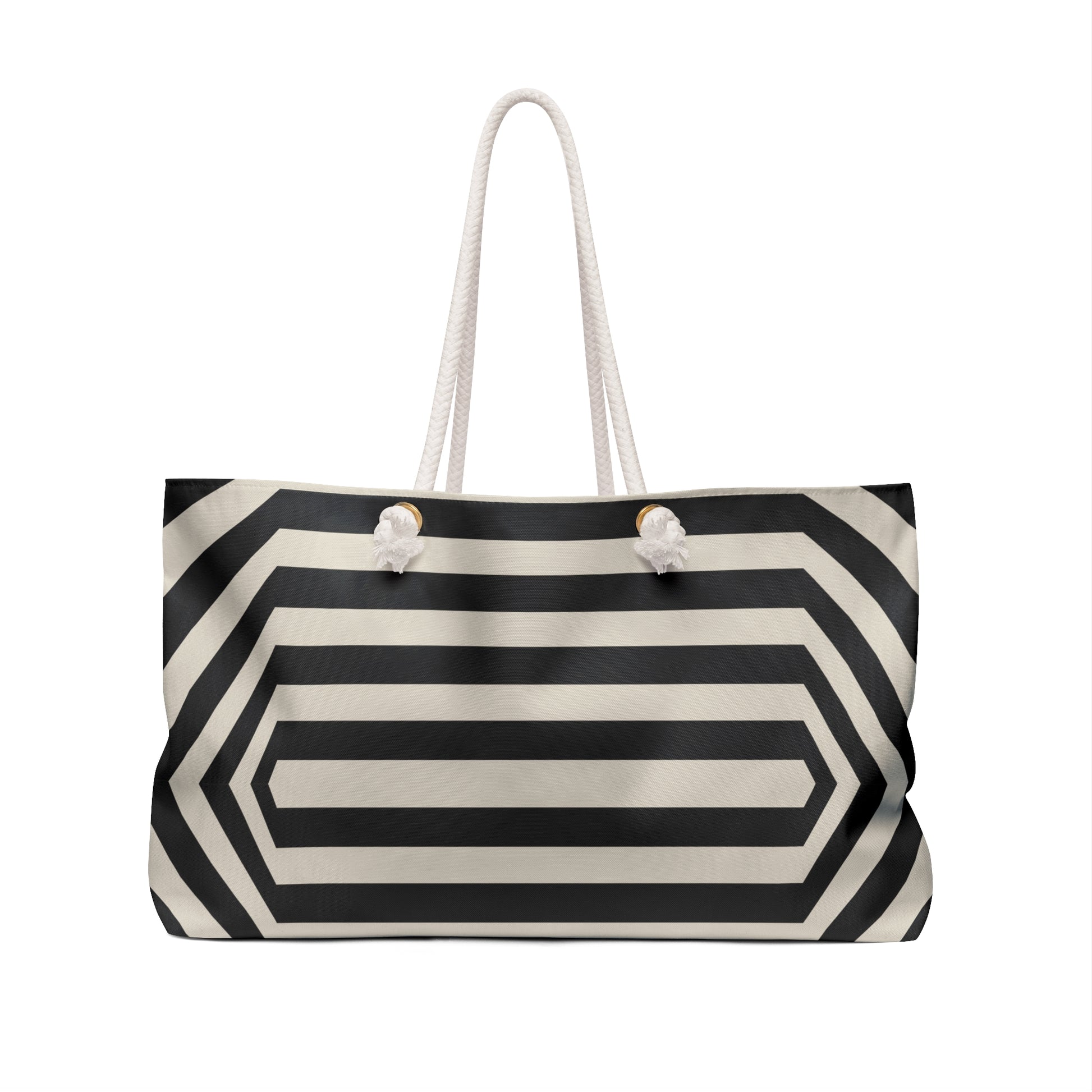 Black and white striped tote bag with a handle on a white background