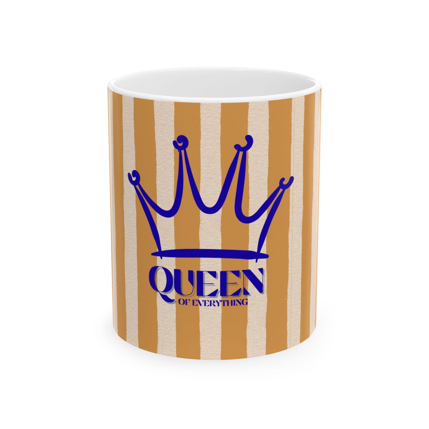 Mug with striped pattern and blue crown design on a white background
