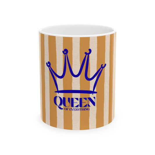 Mug with striped pattern and blue crown design on a white background