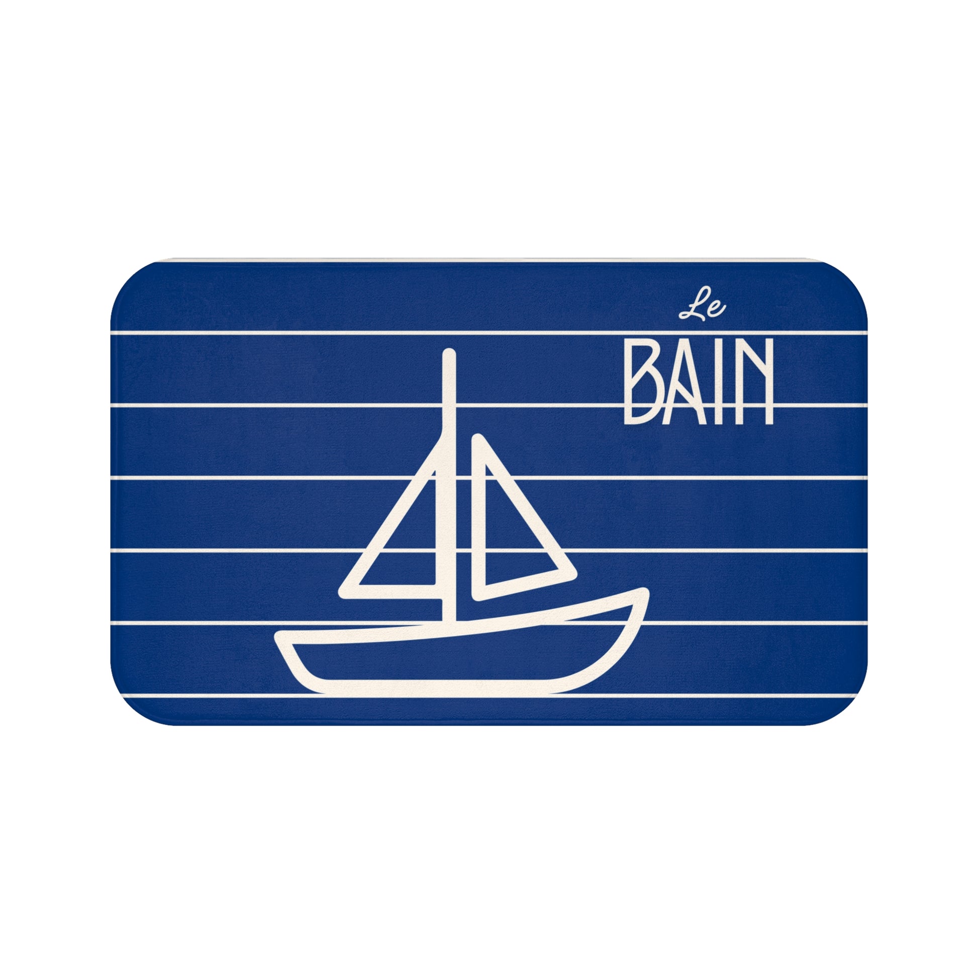 Nautical-themed bath rug with sailboat illustration and 'Le Bain' text on a blue background