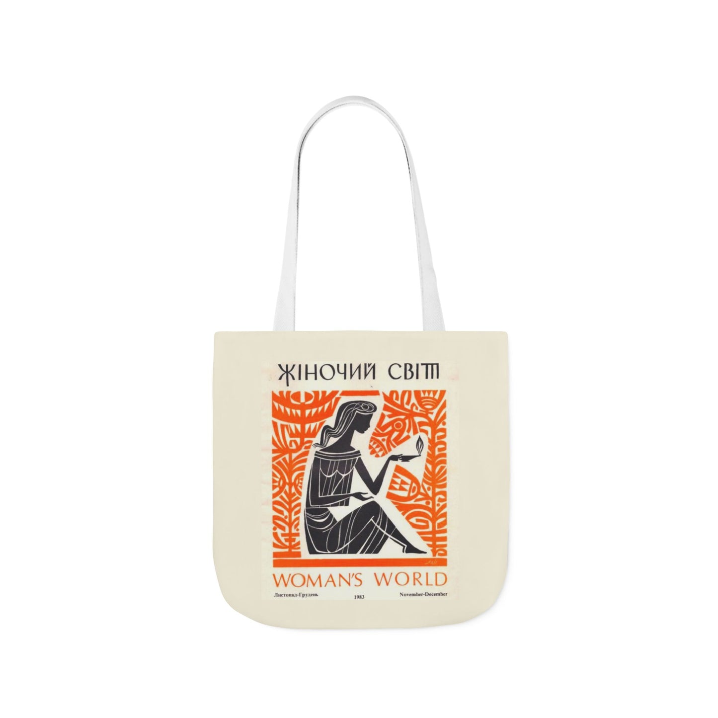 Tote bag with graphic design and text on a white background