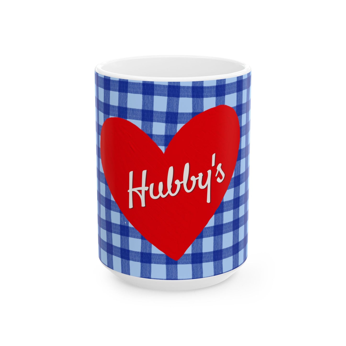 A white ceramic mug featuring a blue and light blue gingham check pattern wrap, with a large red heart graphic in the center containing the white script text 'Hubby's'.