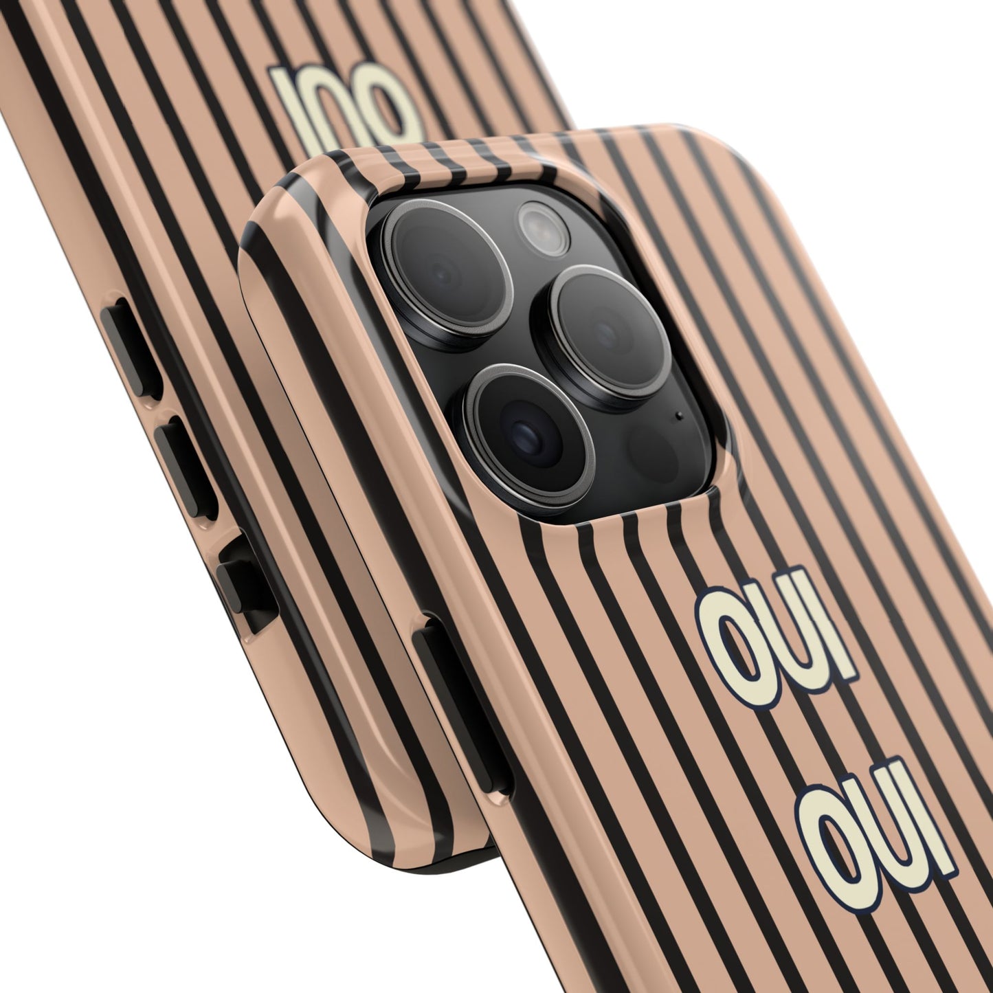Phone case with striped design and 'OUI' text on a white background