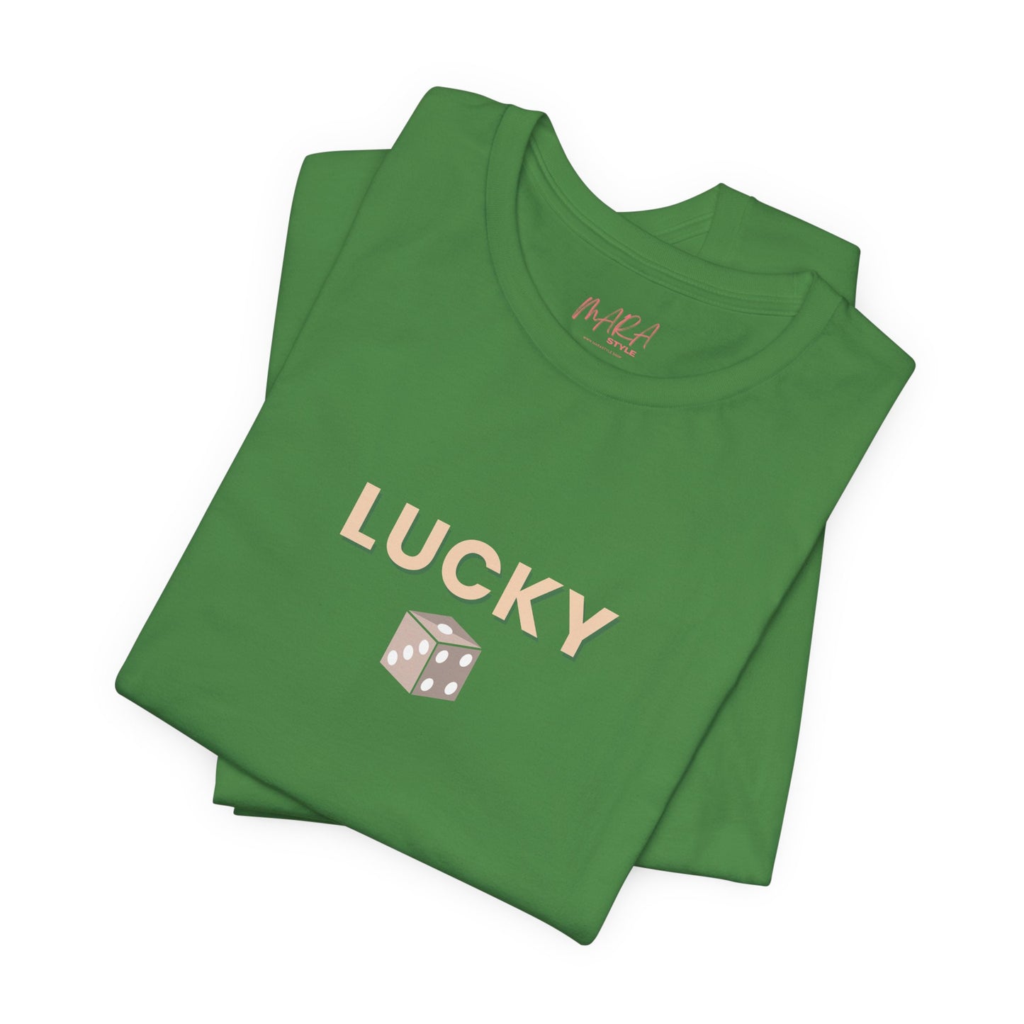 Green t-shirt with 'LUCKY' and a dice graphic on a white background