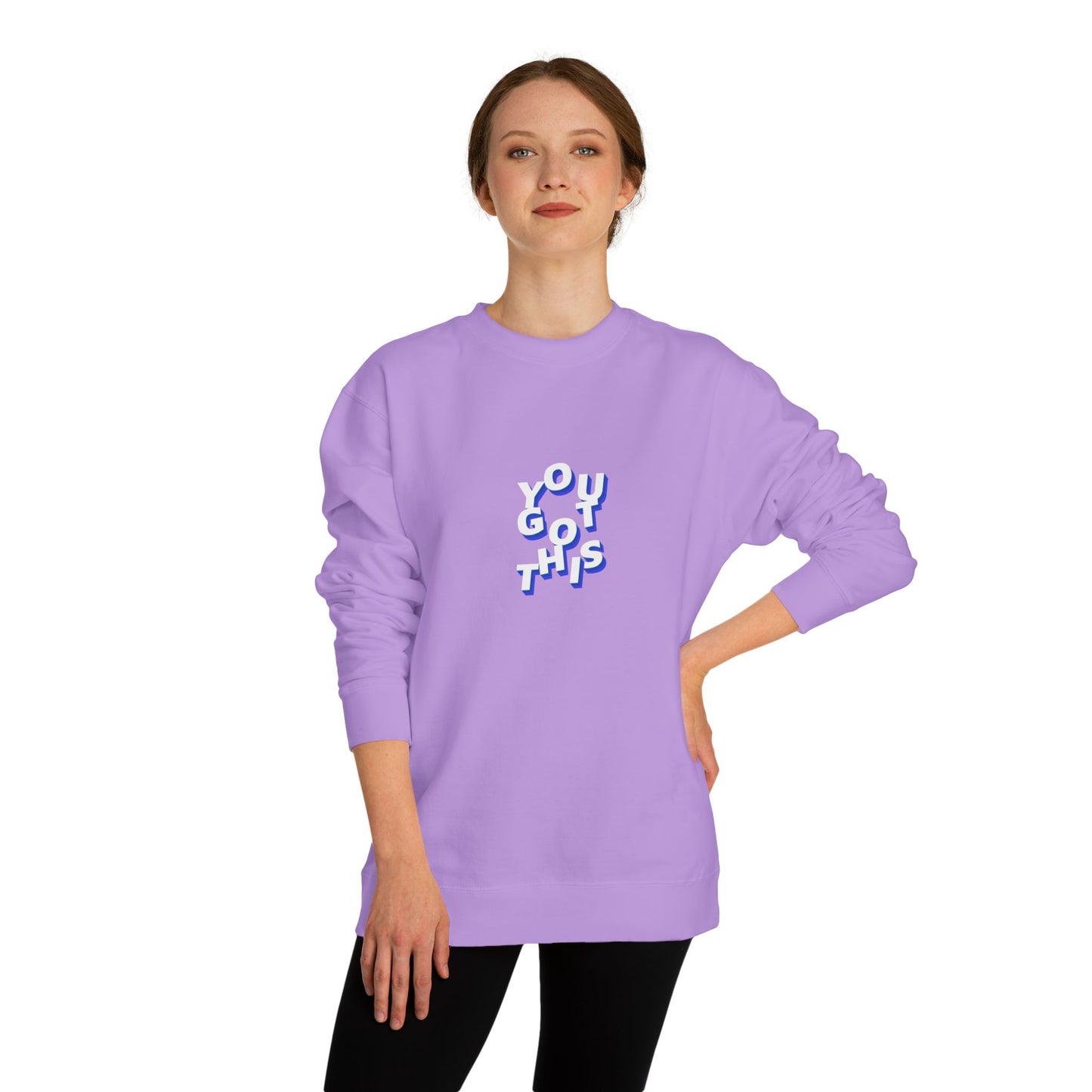 Person wearing a purple sweatshirt with 'What's in your Bag?' text on a white background