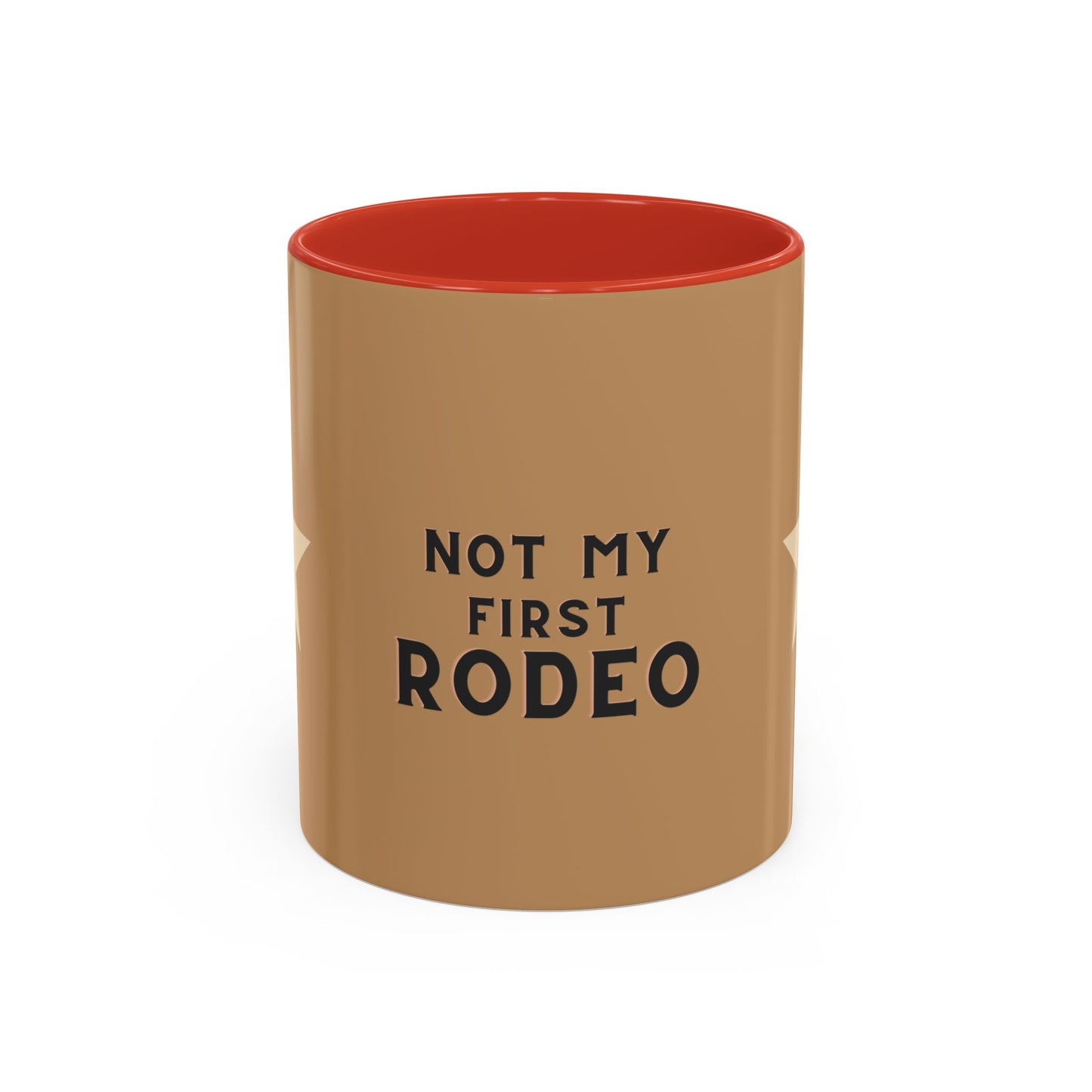 Brown mug with red interior and 'Not My First Rodeo' text on a white background