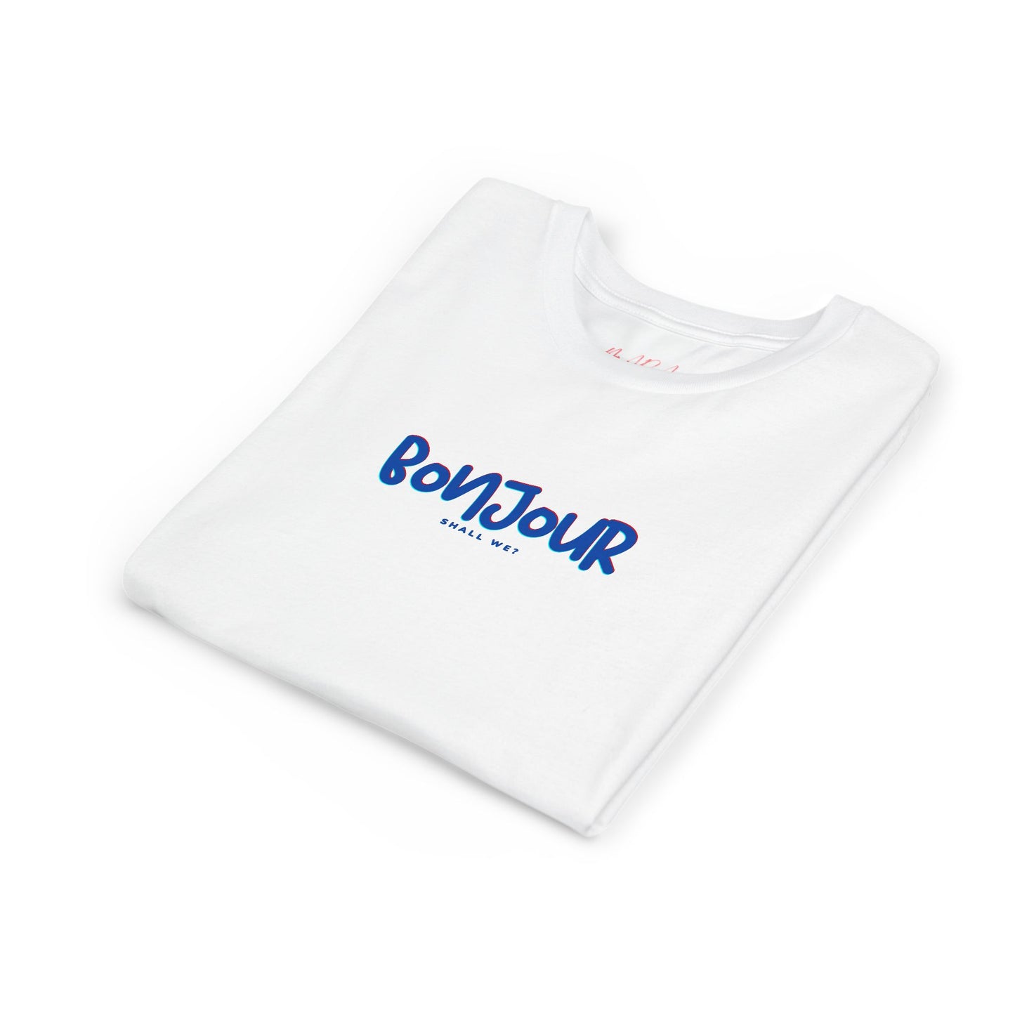 White t-shirt with 'Bonjour' text in blue on a white background