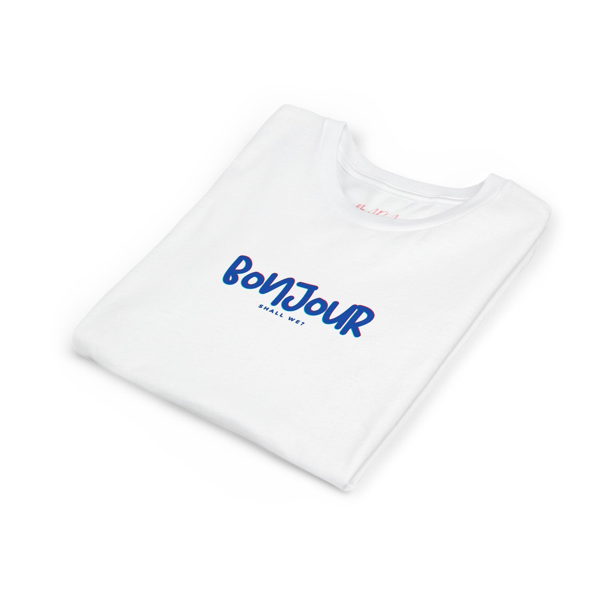 White t-shirt with 'Bonjour' text in blue on a white background