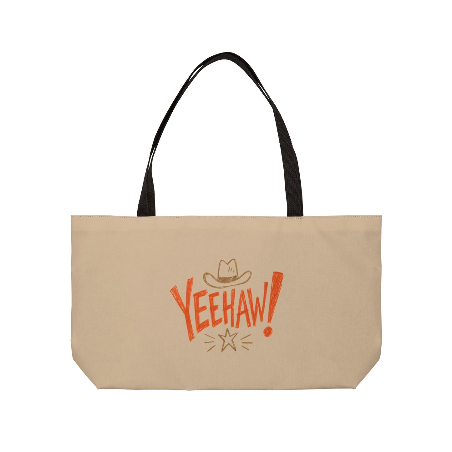 A beige canvas tote bag with black shoulder straps, featuring a western-themed graphic on the front with the word 'YEEHAW!' in orange, a small cowboy hat, and a starburst, shown against a plain white background.