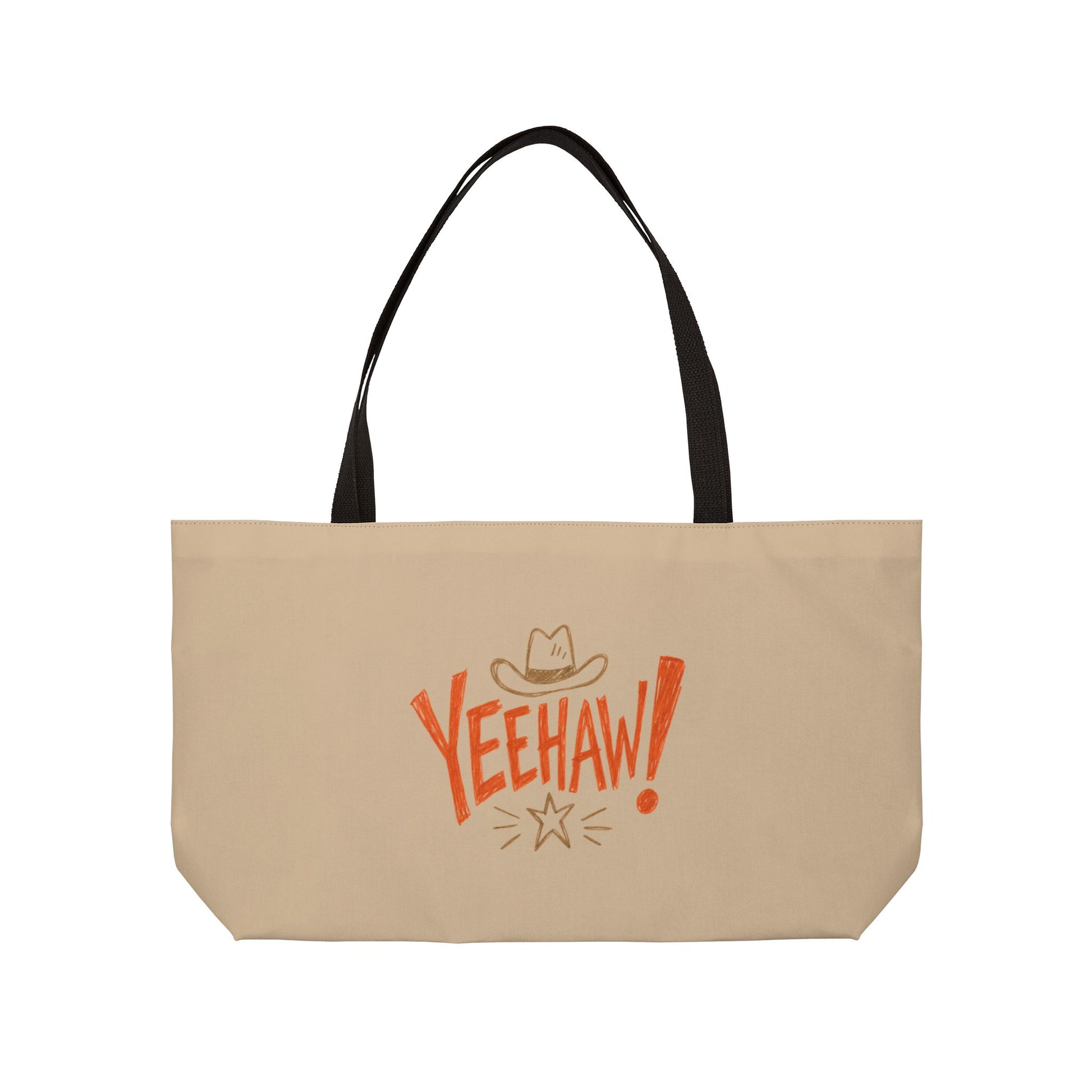 A beige canvas tote bag with black shoulder straps, featuring a western-themed graphic on the front with the word 'YEEHAW!' in orange, a small cowboy hat, and a starburst, shown against a plain white background.