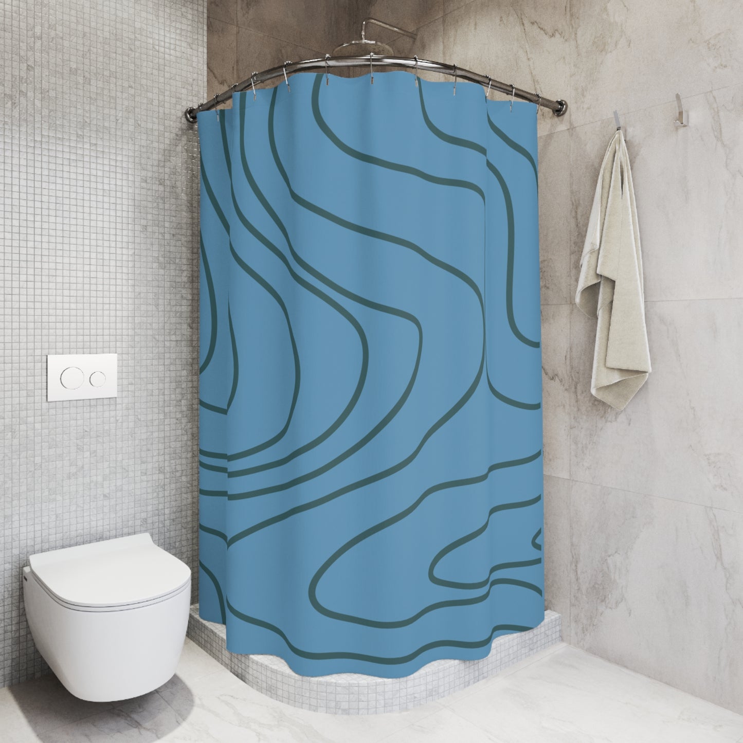 Azure Blue Abstract Wave Shower Curtain, Dark Bathroom Decor