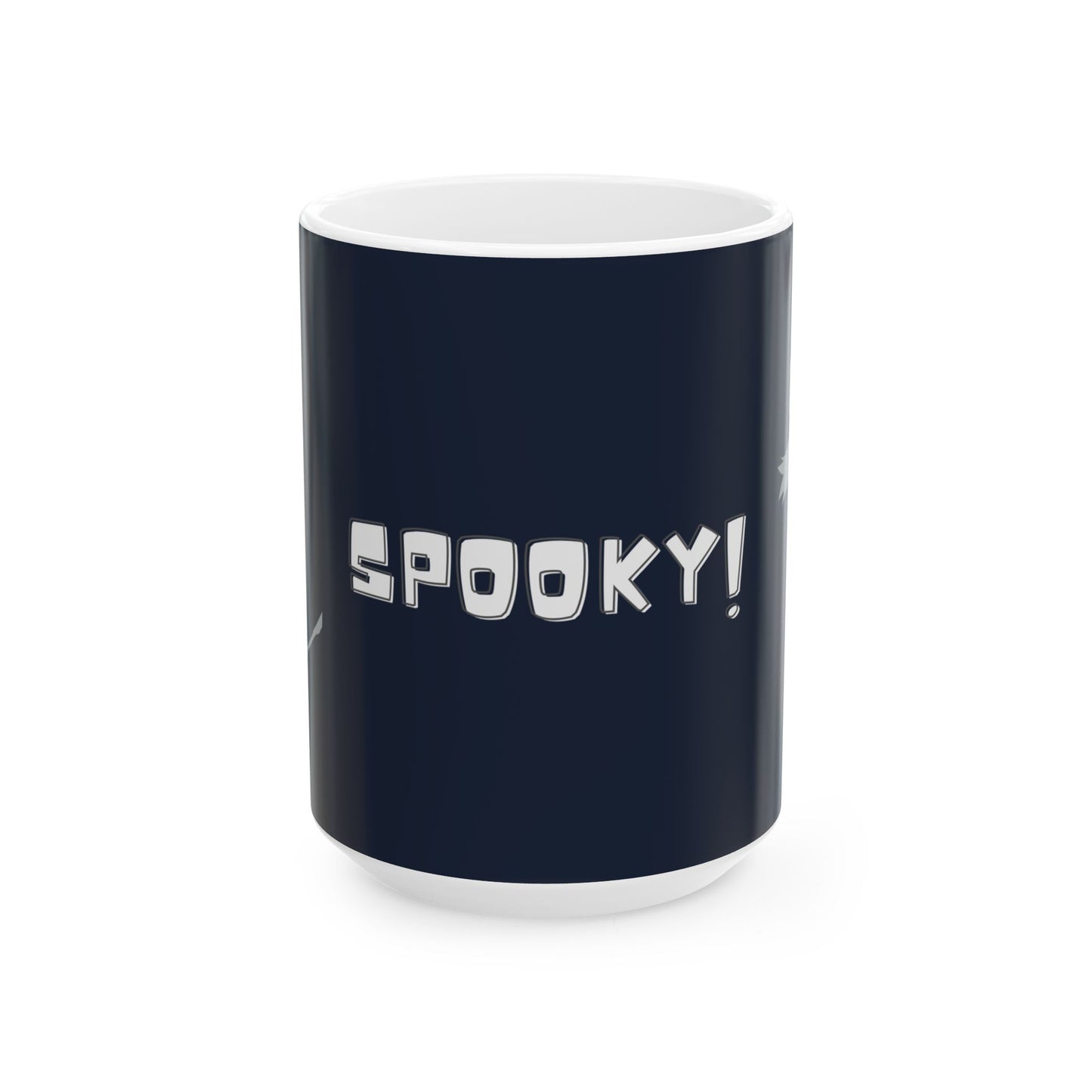 Dark mug with 'SPooky!' text on a white background. Cute Halloween Gift