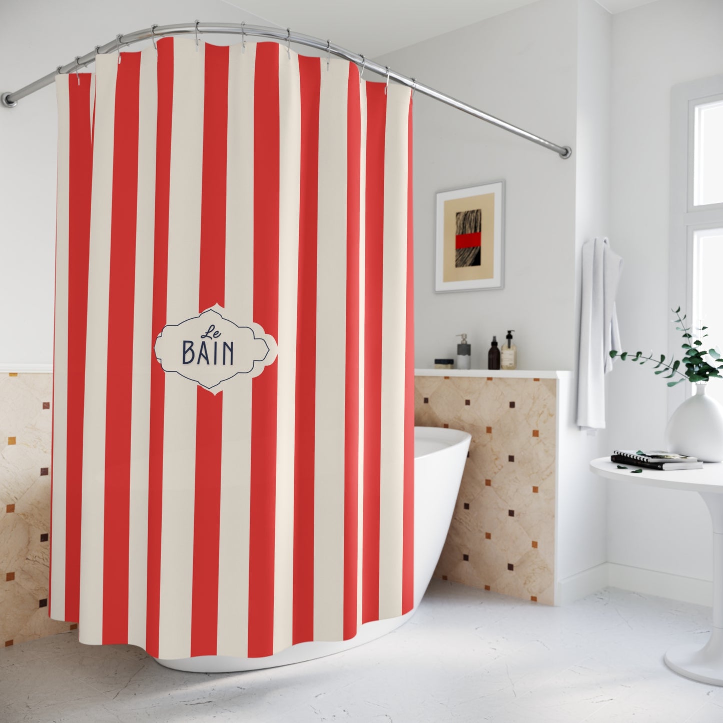 Red and white striped shower curtain with 'Le Bain' label in a bathroom.