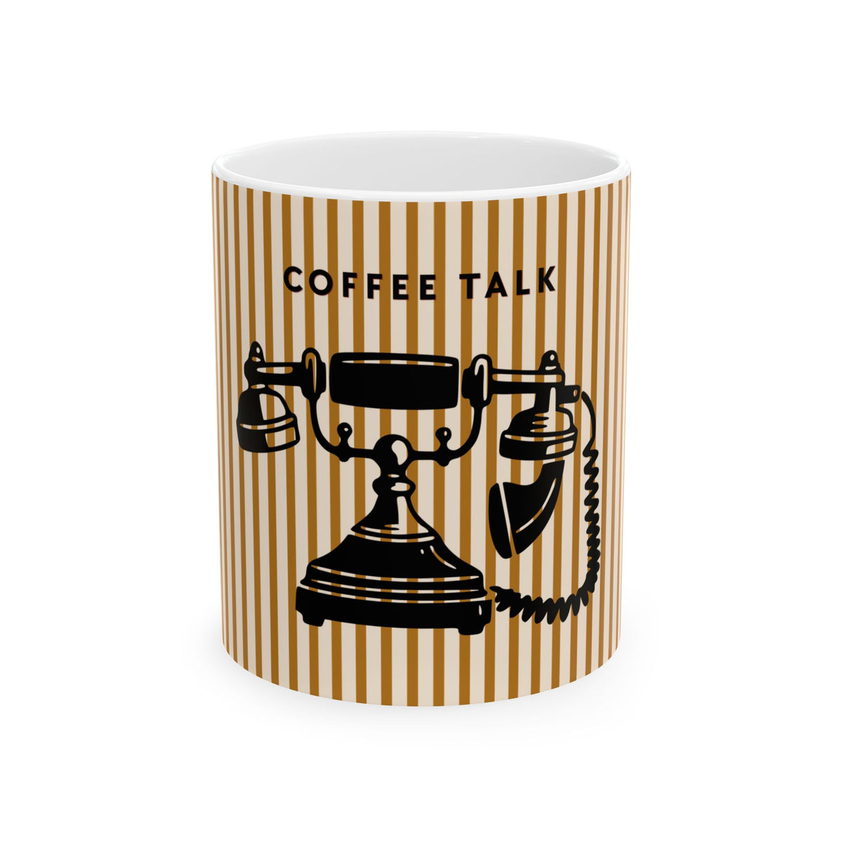 A white ceramic mug featuring a brown and gold vertical stripe pattern, with a black retro telephone illustration and the text 'COFFEE TALK' printed on the front.