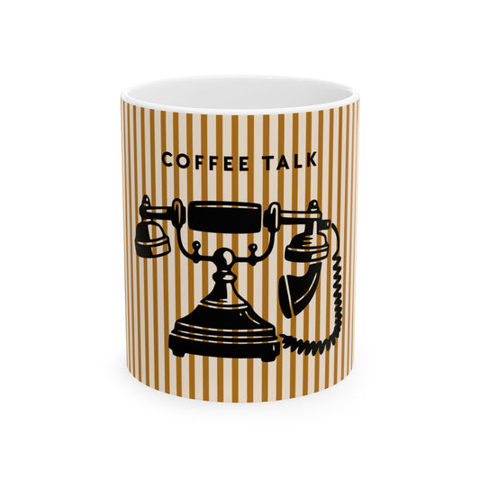 A white ceramic mug featuring a brown and gold vertical stripe pattern, with a black retro telephone illustration and the text 'COFFEE TALK' printed on the front.