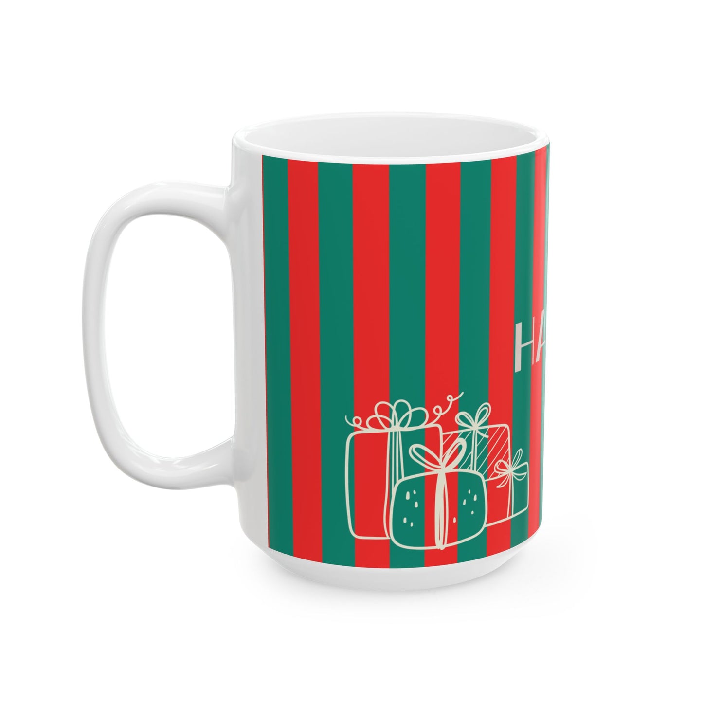 White mug with red and green striped pattern and gift illustrations on a white background
