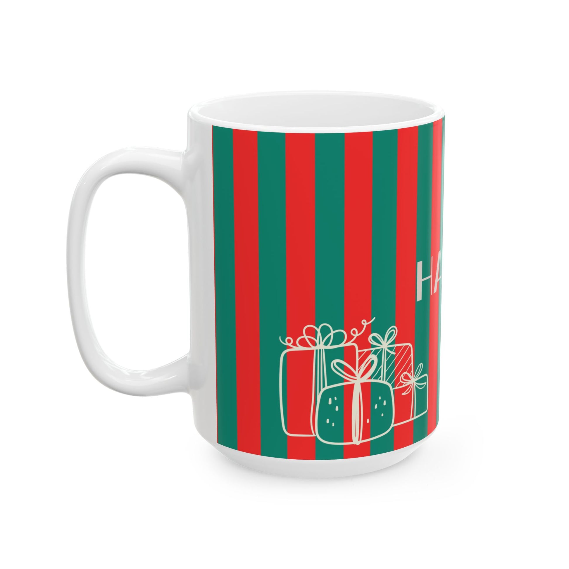 White mug with red and green striped pattern and gift illustrations on a white background