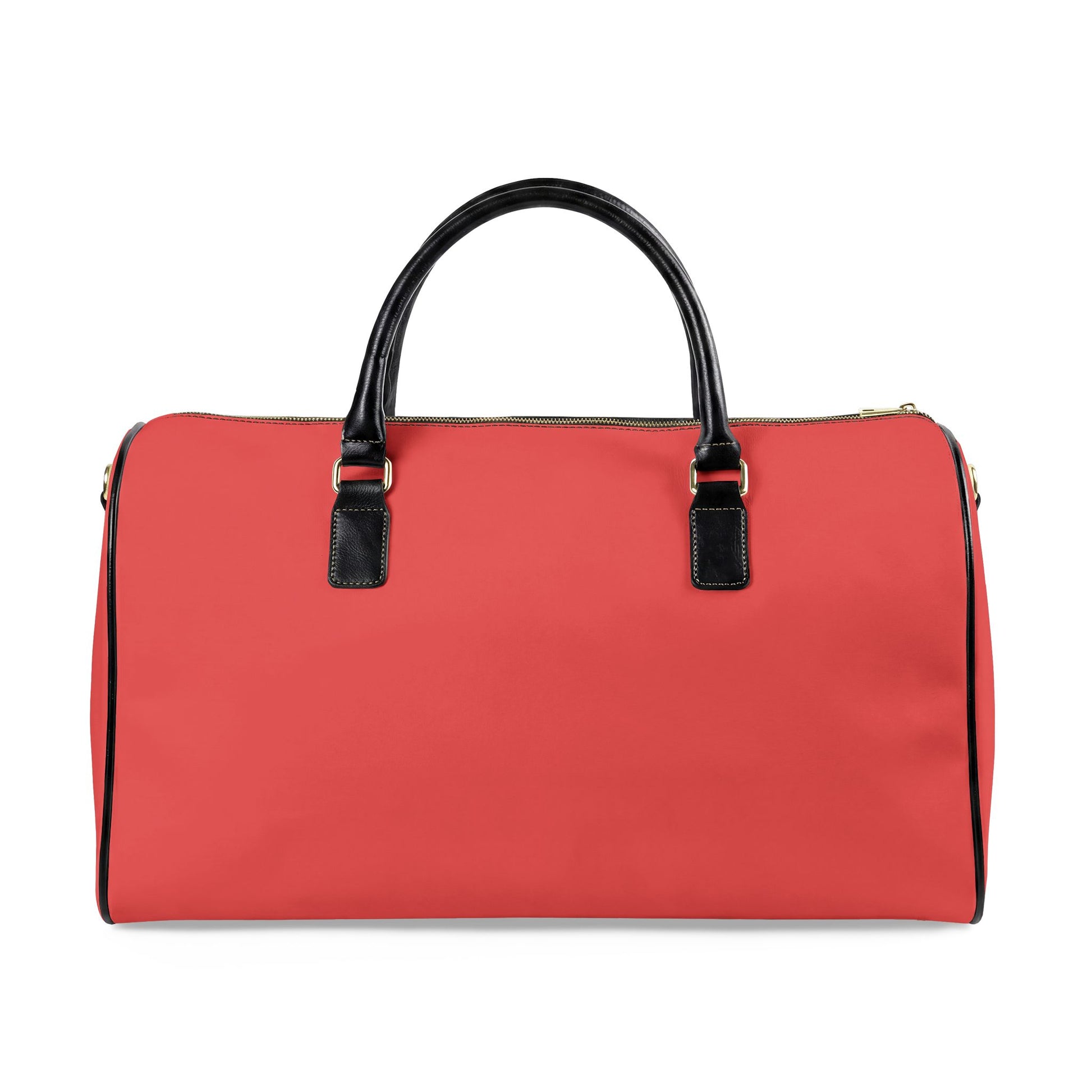 Red duffel bag with black handles on a white background