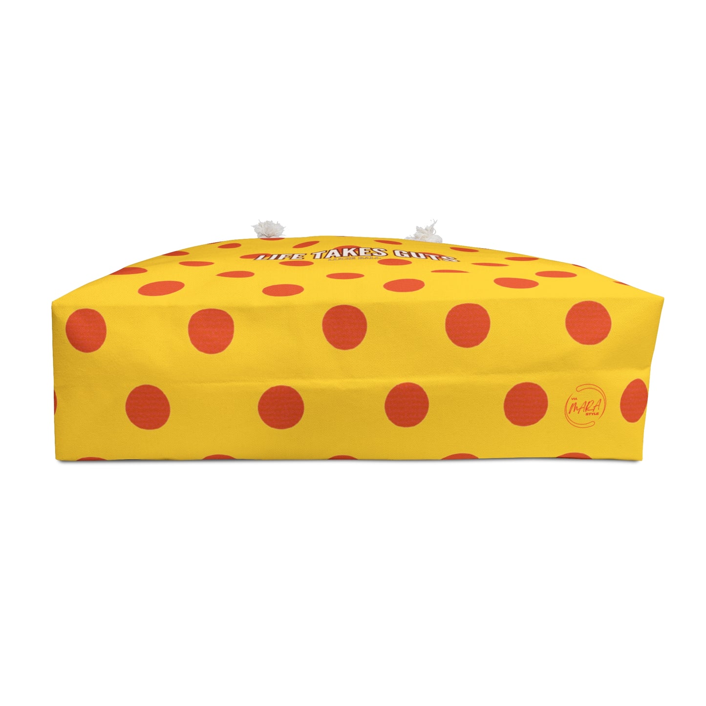 Yellow Polka Dot Oversized Beach Bag — "Life Takes Guts" Lucille Ball Quote Tote