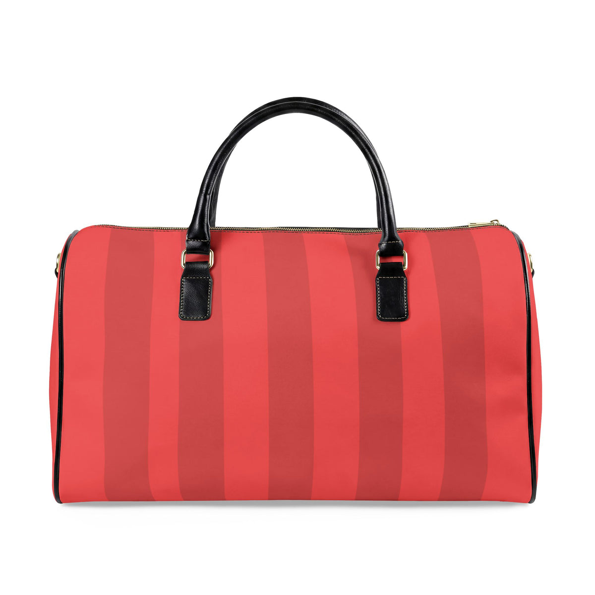 A red and pink vertically striped duffle bag with black leather handles and trim, shown against a plain white background.